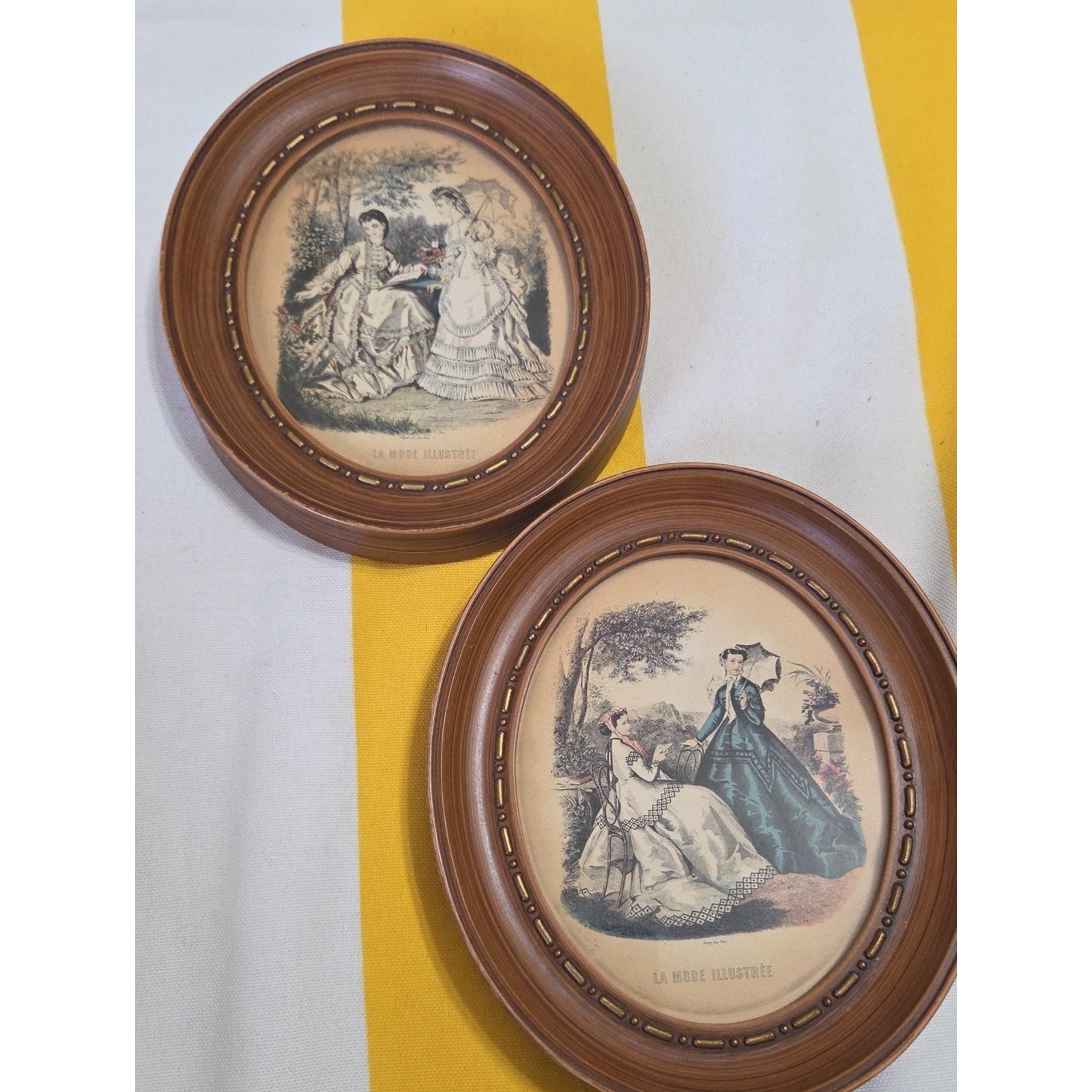 Vintage La Mode Illustree Victorian Fashion Prints Oval Framed Pair French Decor
