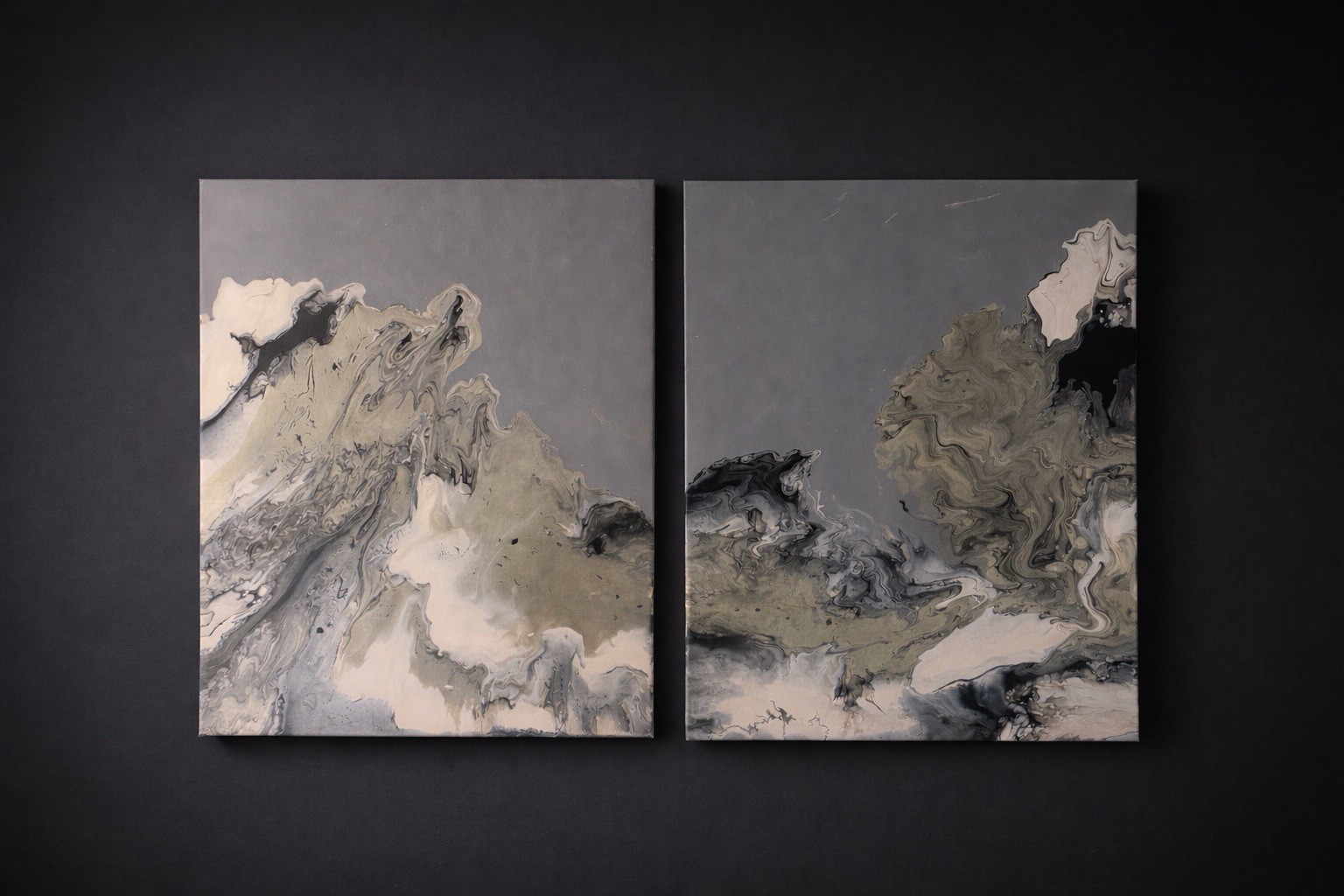 Original Abstract Diptych Painting Contemporary Fluid Art, Gray Neutral Wall Art