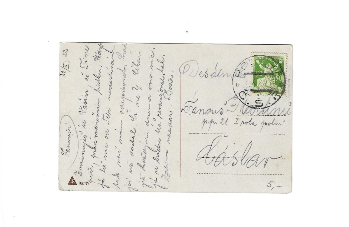 CZECHOSLOVAKIA )C.S.R.) Picture Post Card sent to Saslav