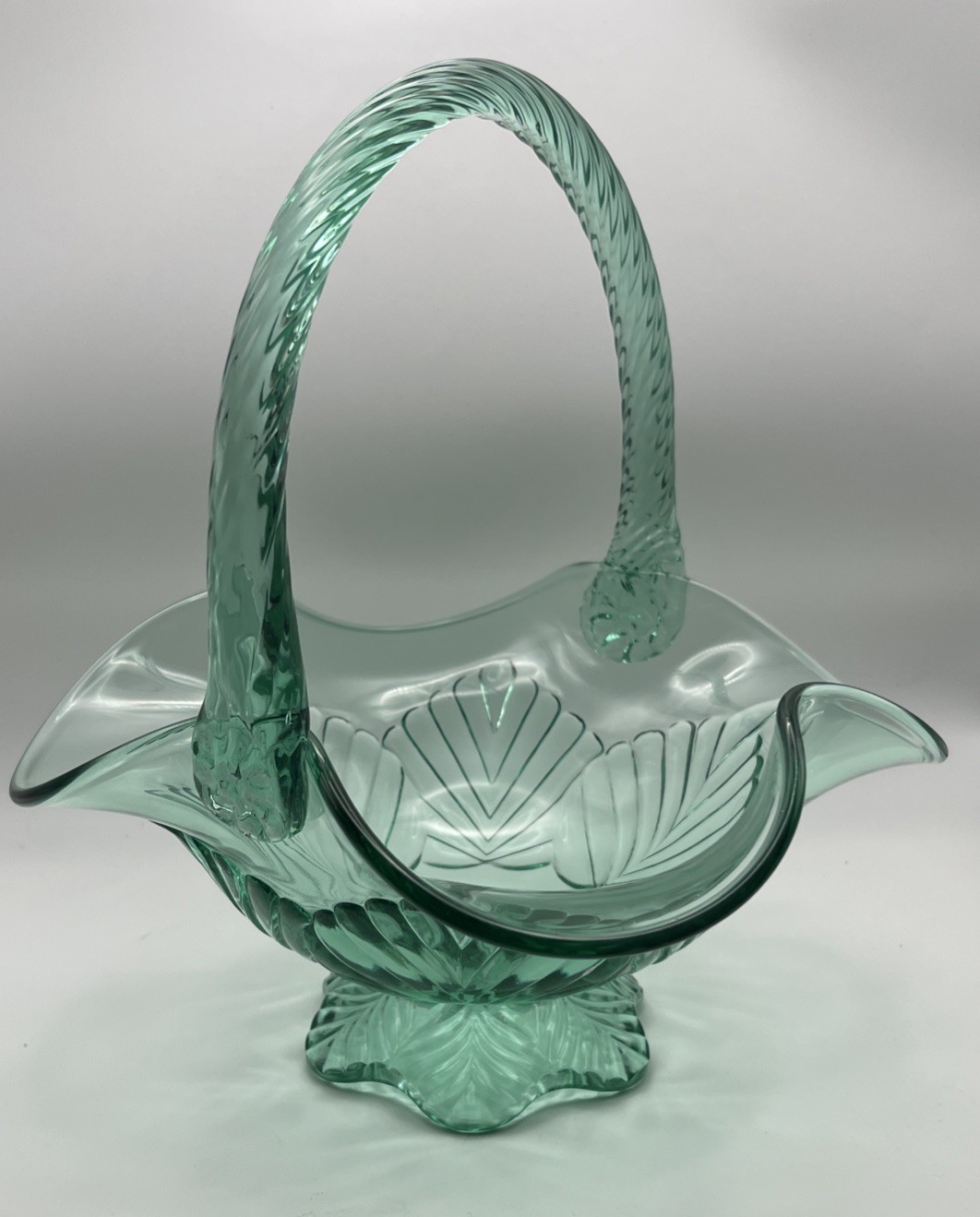 Vintage Fenton Sea Mist Green Vulcan Glass Basket Twisted Handle Ruffled 10”