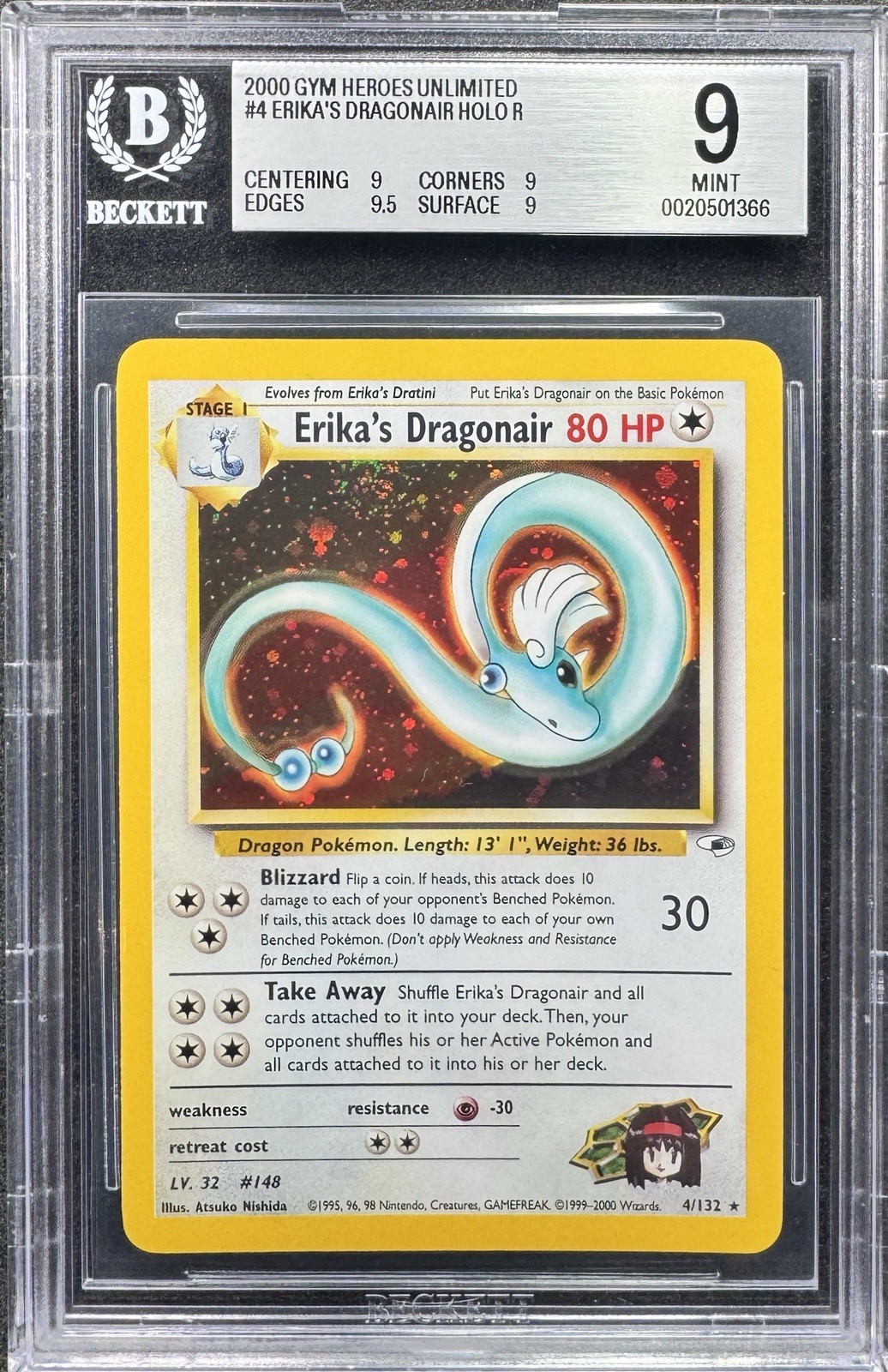 Pokemon Erika\'s Dragonair Holo Gym Heroes Unlimited 4 BGS 9 Mint SWIRL