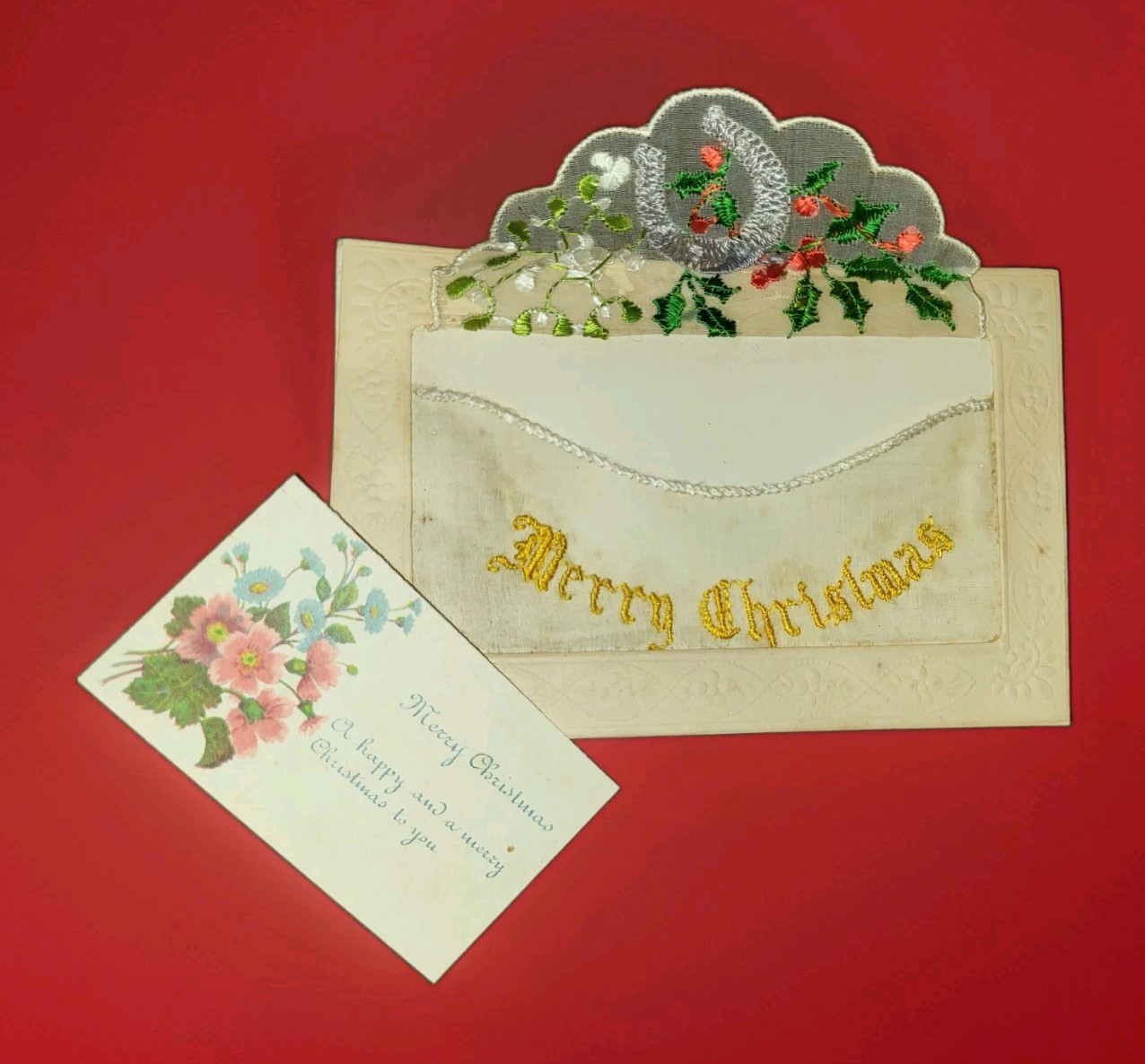 Vtg Cute Early 1900s Postcard Silk Embroidered Envelope & Card Merry Christmas 