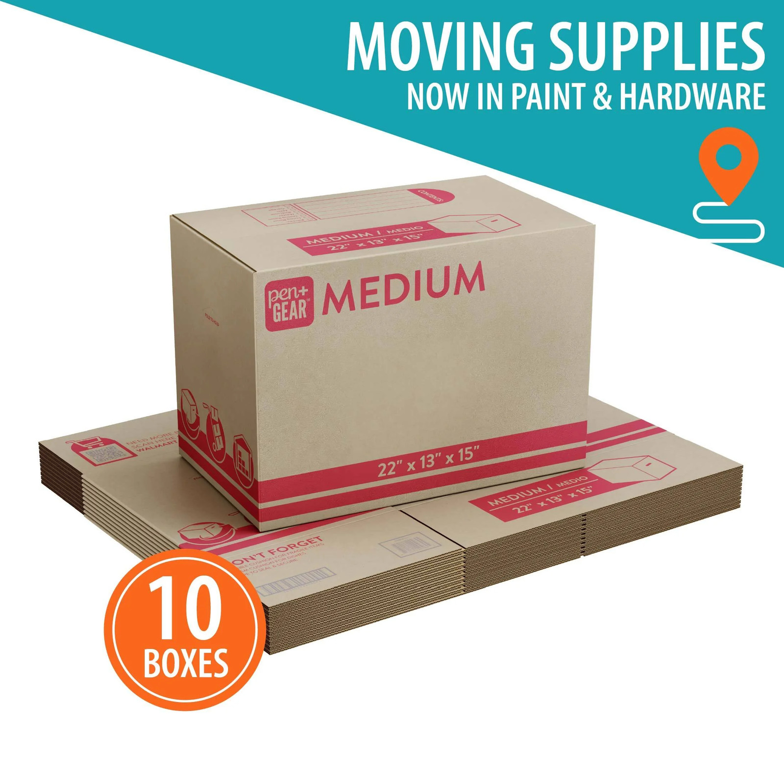 (10 Pack)  Medium Moving Boxes, 22 In. L X 13 In. W X 15 In. H, Kraft