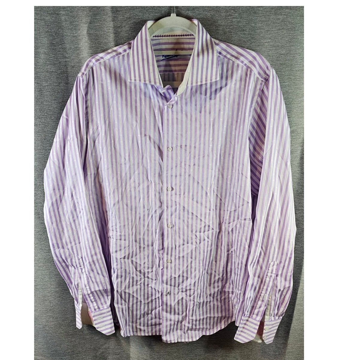 Robert Graham Knowledge Wisdom Truth Purple Striped Mens Shirt w/Flip Up Cuff Lg