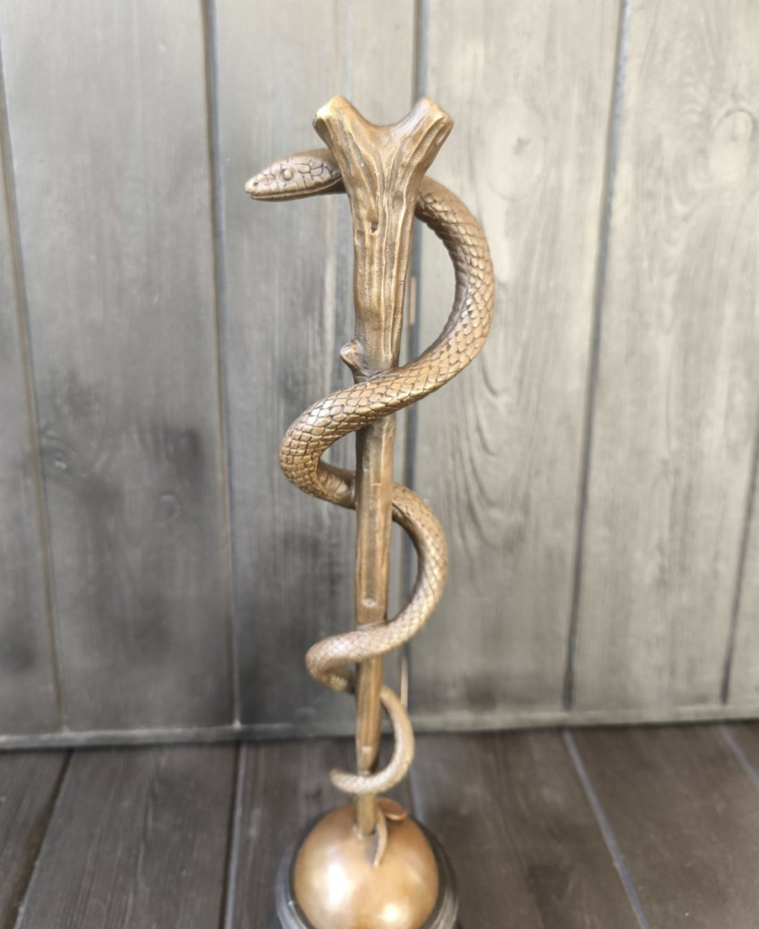 Bronze Snake Sculpture Medicine Statue Marble Deco Caduceus Decor Vintage Home