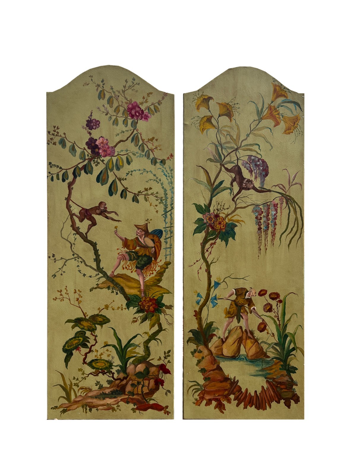 Pair of Large Continental Oil on Leather Chinoiserie Chic Painting Panels