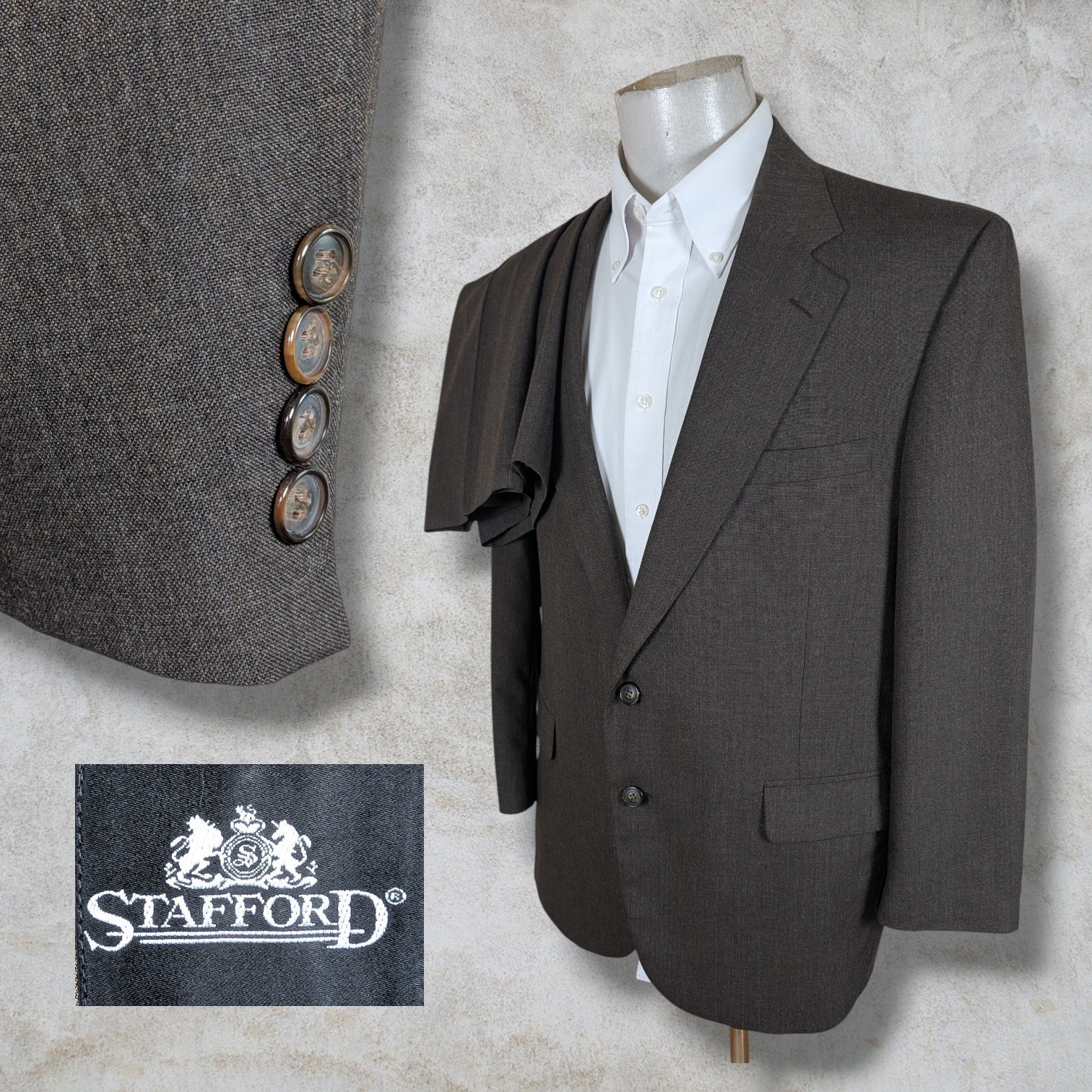 Vintage Stafford 2 Piece Suit Mens 46R Pants 40x30 Solid Brown Wool Blend USA