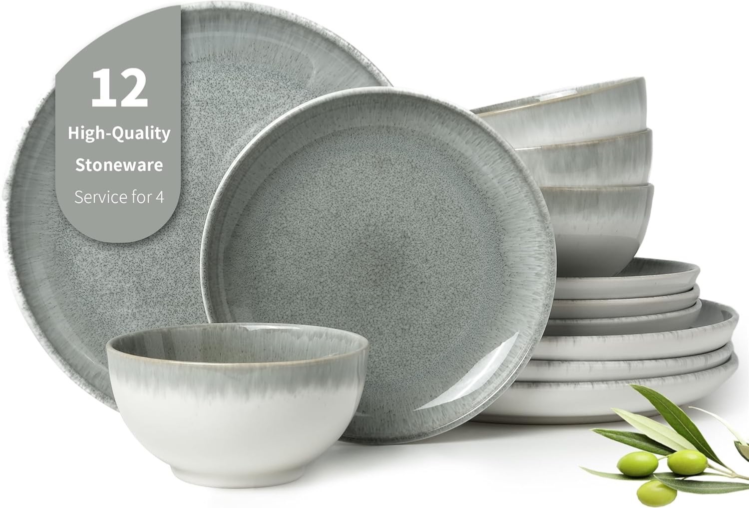 Pokini Gradient Green Stoneware Dinnerware Sets, 12 pcs Reactive Glaze Plates...