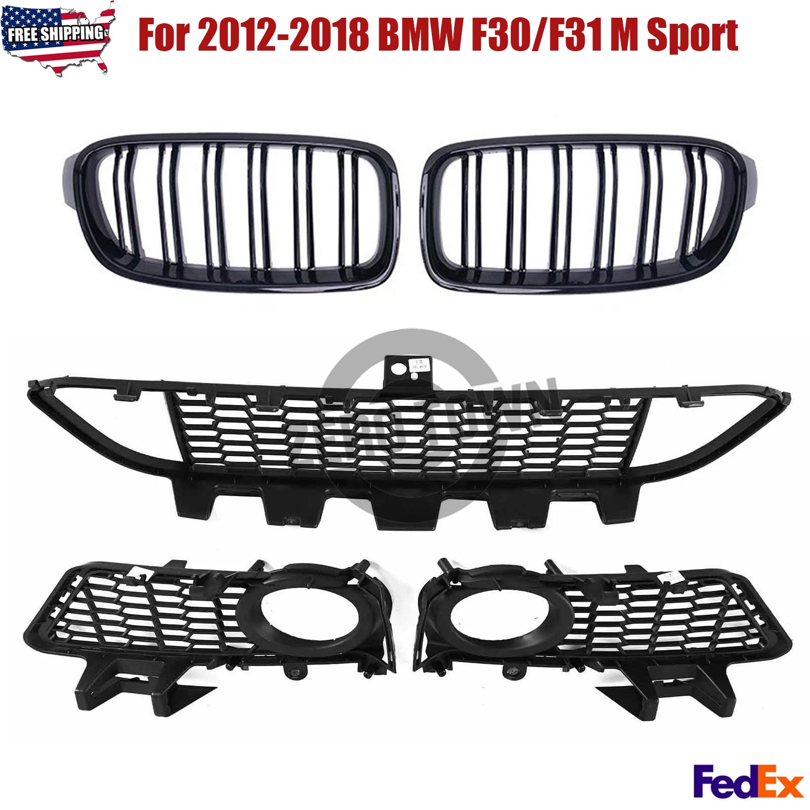 5PCS Front Upper Lower Grille Fog Light Set For 2012-2018 BMW F30/F31 M Sport