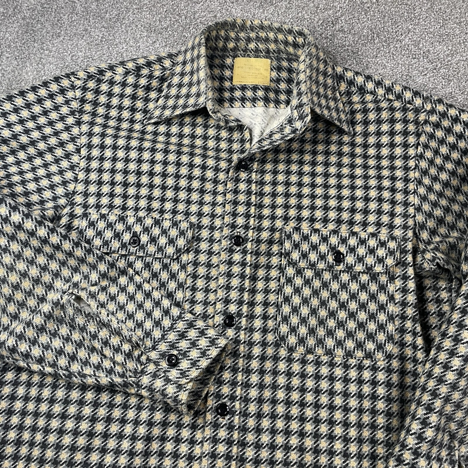 True Vintage 70’s Houndstooth PolyCotton Flannel Shirt Mens M Sears Perma Prest
