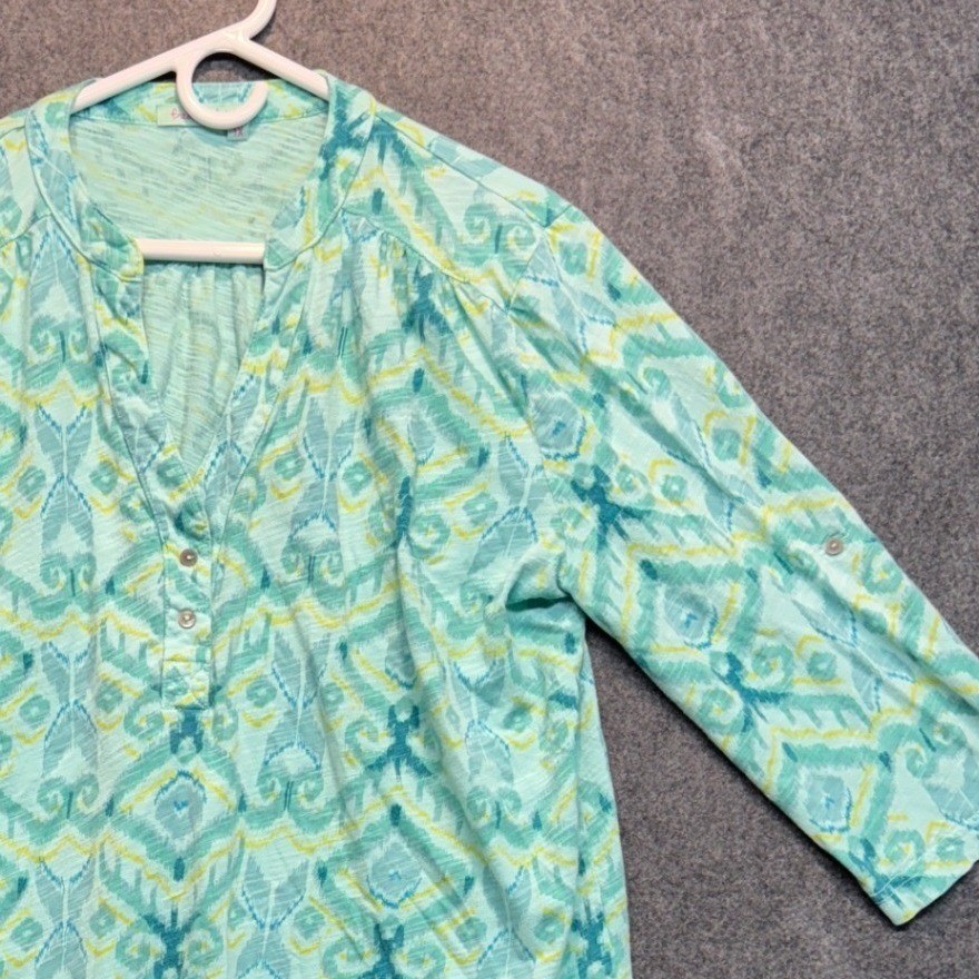Fresh Produce Women 1X Turquoise Green Ikat Slub Knit 3/4 Sleeve Blouse Top