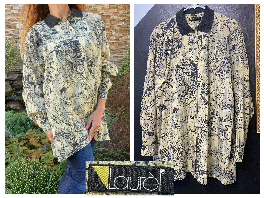VINTAGE LAUREL ESCADA WOOL ABSTRACT PRINT BUTTON DOWN COLLARED BLOUSE TUNIC  40