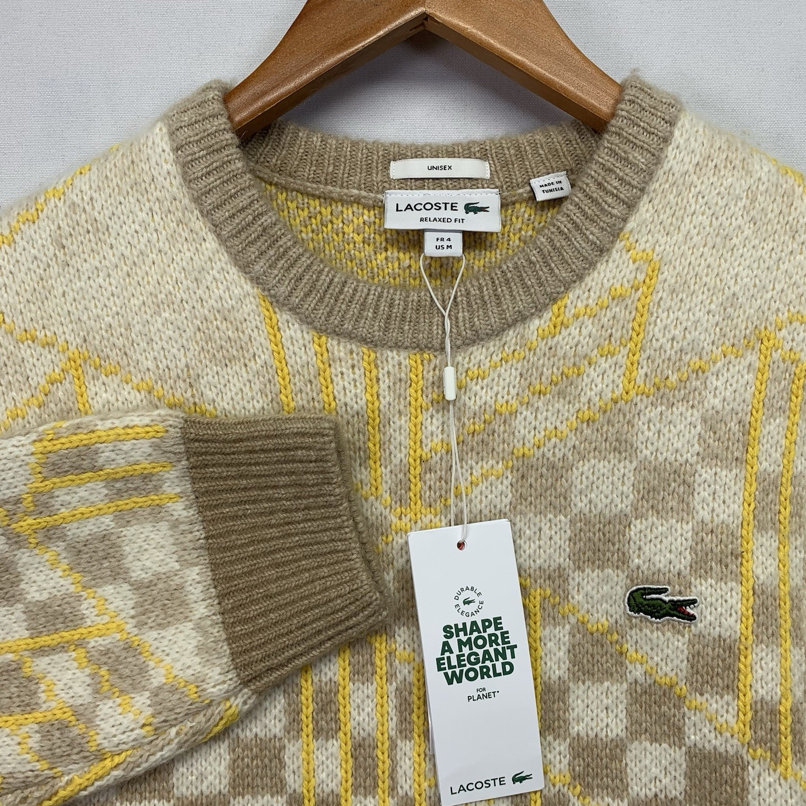 Lacoste Unisex Sweater Medium Wool Alpaca Geometric Monogram Yellow Brown NEW