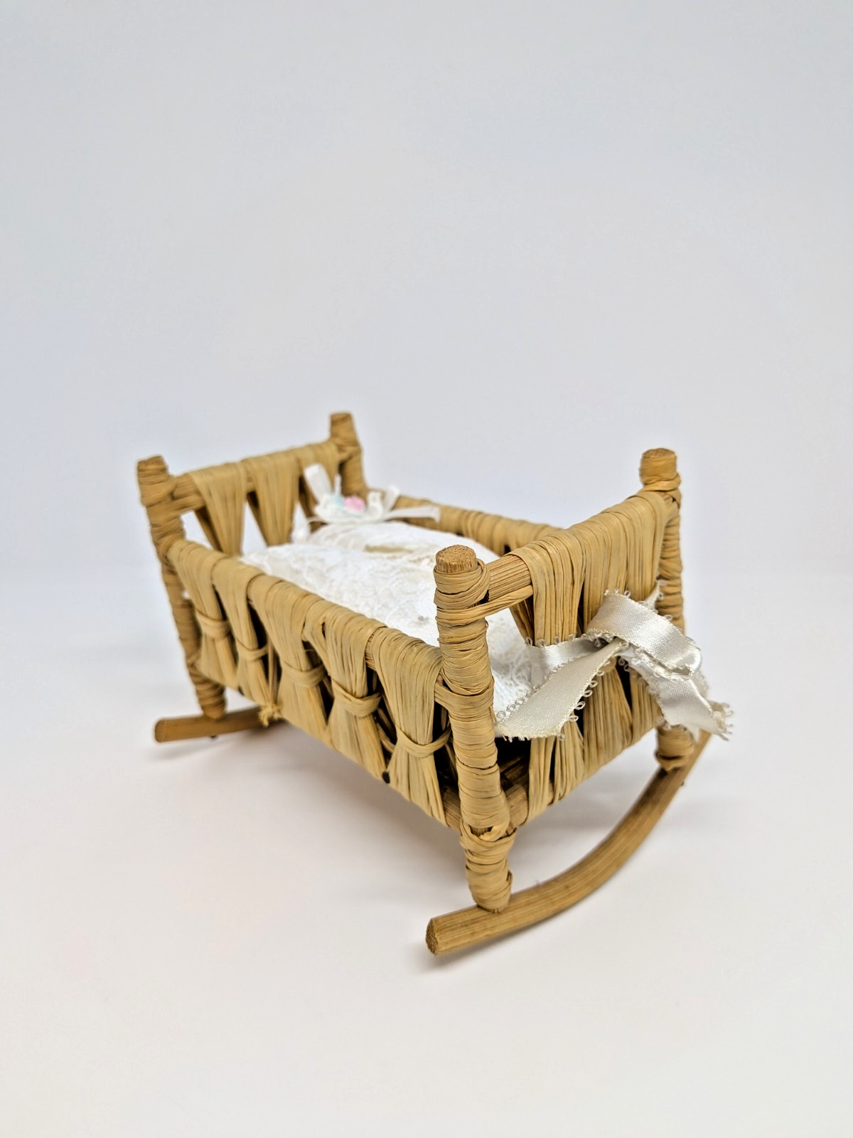 Antique German Dollhouse Wicker Cradle Tissue Holder Mini Rocker 1:24