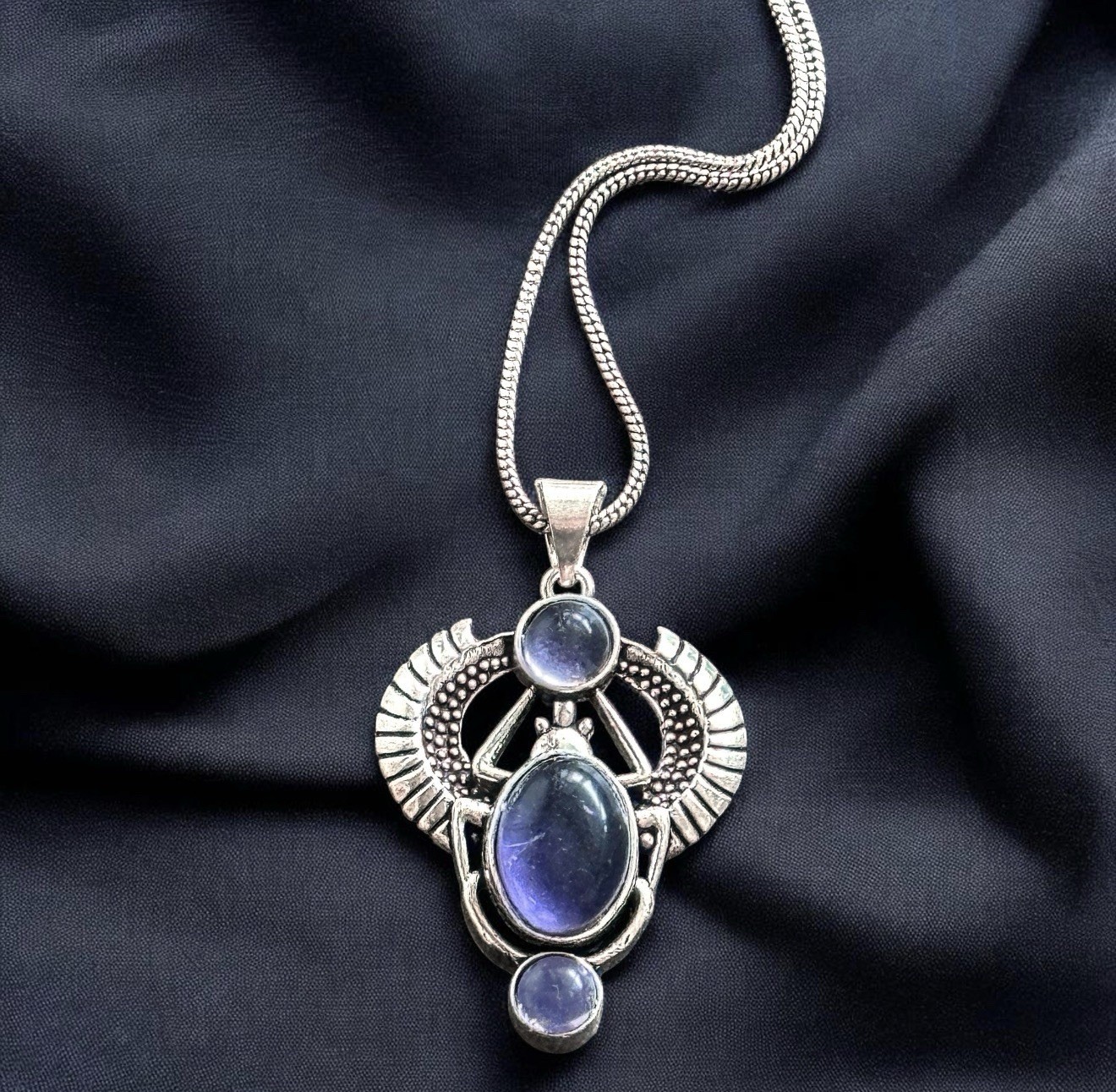 Antique Silver Scarab Beetle Pendant Winged Egyptian Protection Gemstone Medal⁠