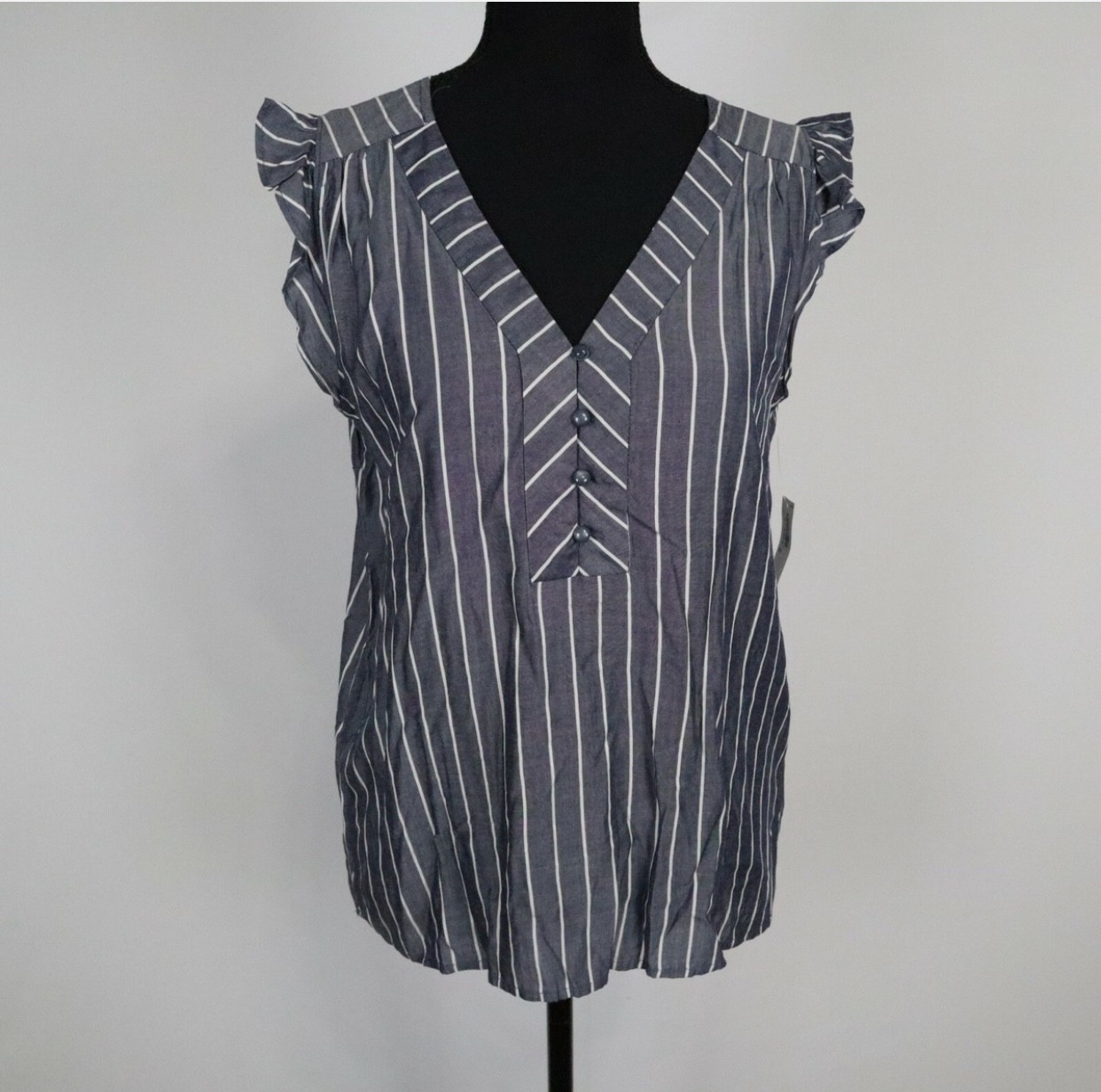 Old Navy Top Womens Blouse V-Neck Ruffled Gray Striped Sleeveless NWT