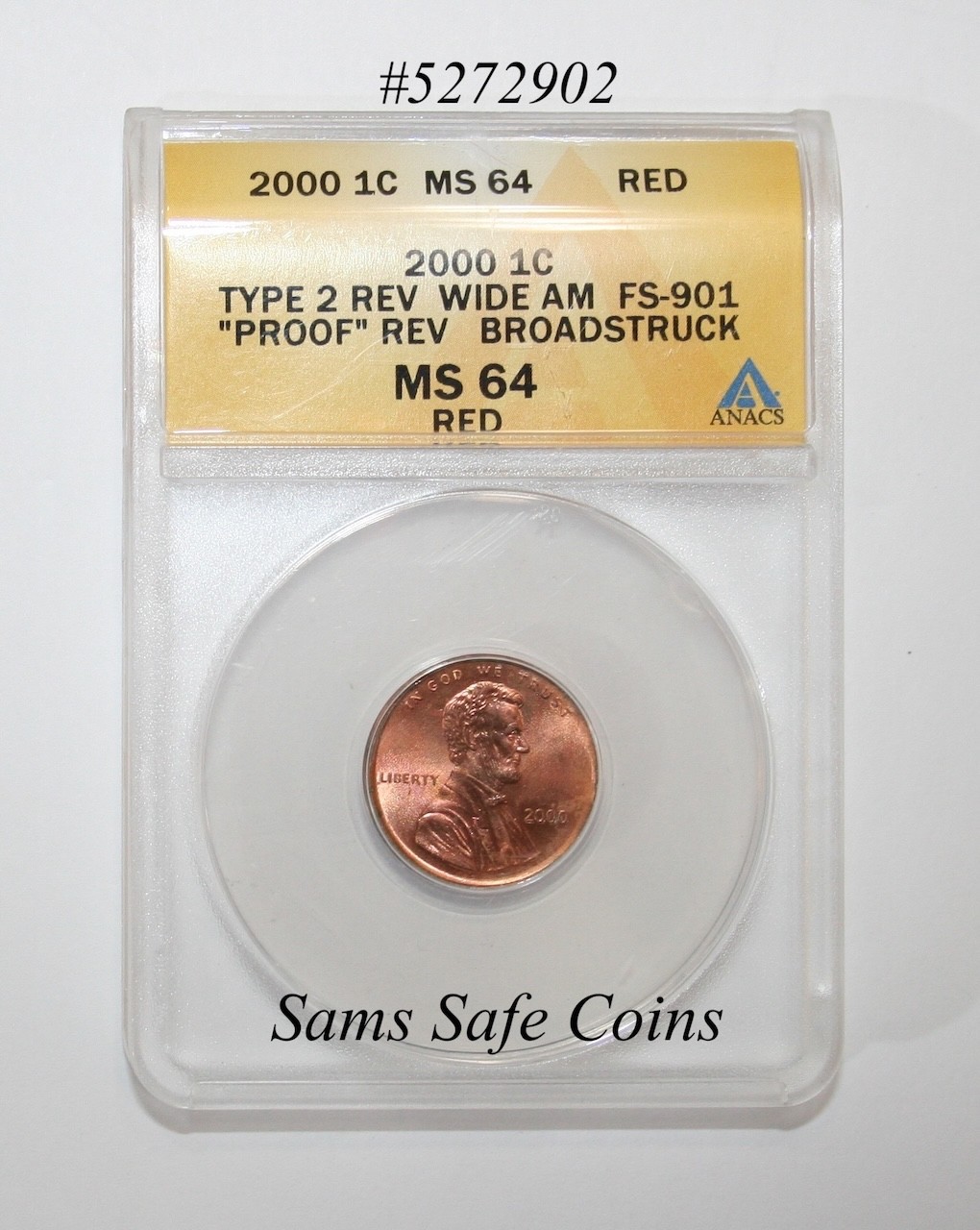 Rare Dual Error - 2000 Lincoln Cent Wide AM/FS-901 & Broadstruck ANACS MS64 Red