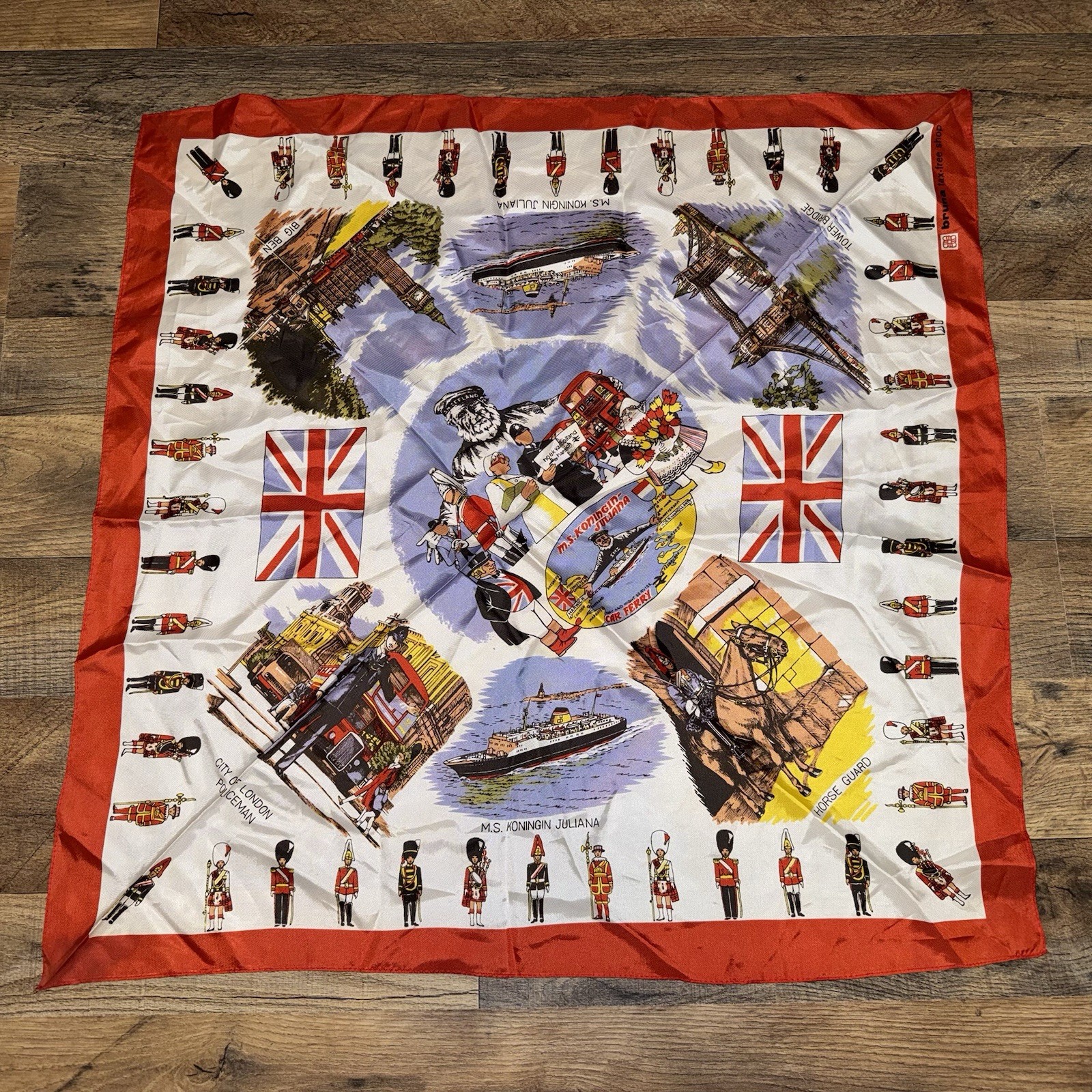 Vintage London Souvenir Silk Scarf Red Border Union Jack Big Ben Tower Bridge Vintage London Souvenir Silk Scarf Red Border Union Jack Big Ben Tower Bridge