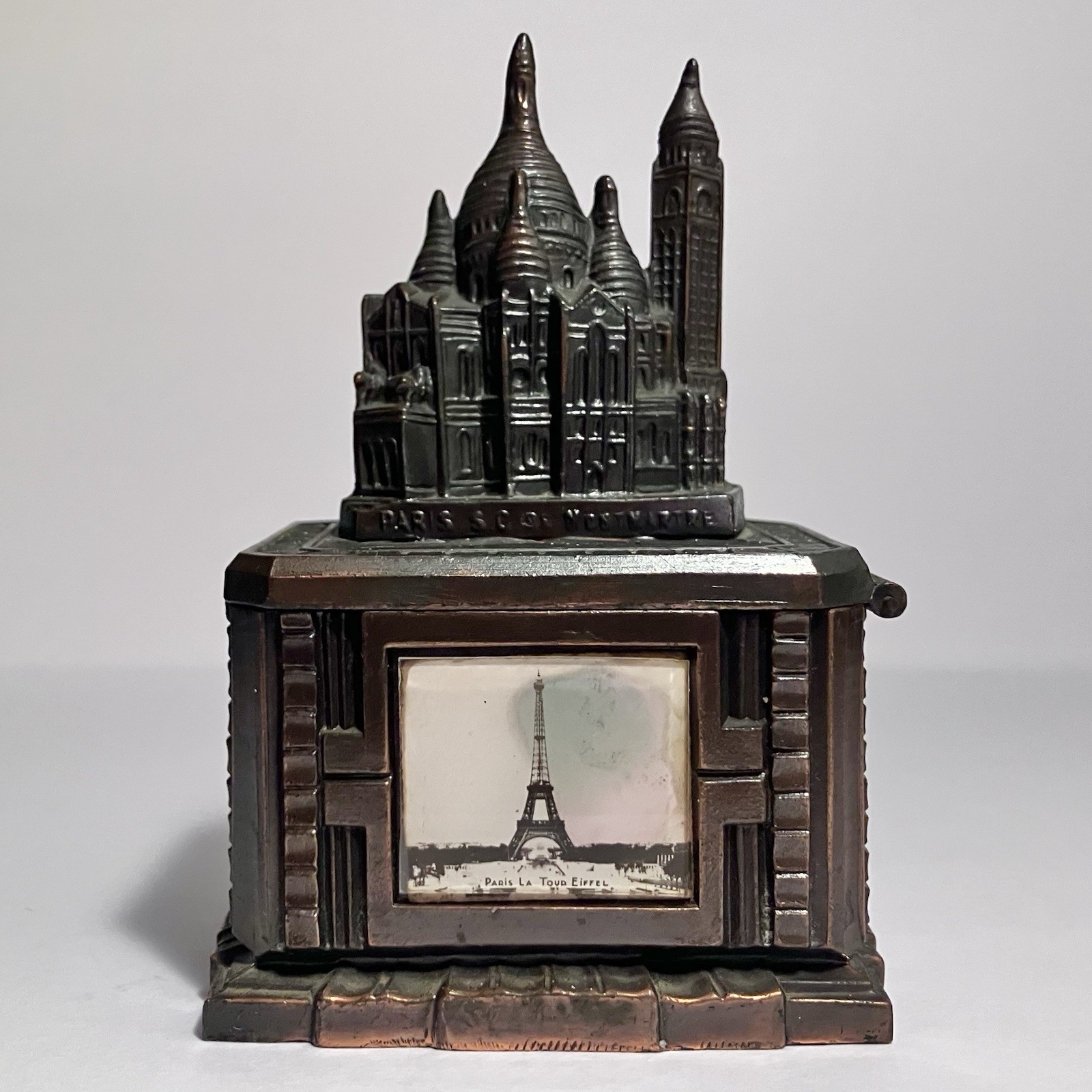 Antique Lead COIN BANK / Sacre-Coeur Church & EIFFEL TOWER / Hinged Lid / RARE Antique Lead COIN BANK / Sacre-Coeur Church & EIFFEL TOWER / Hinged Lid / RARE
