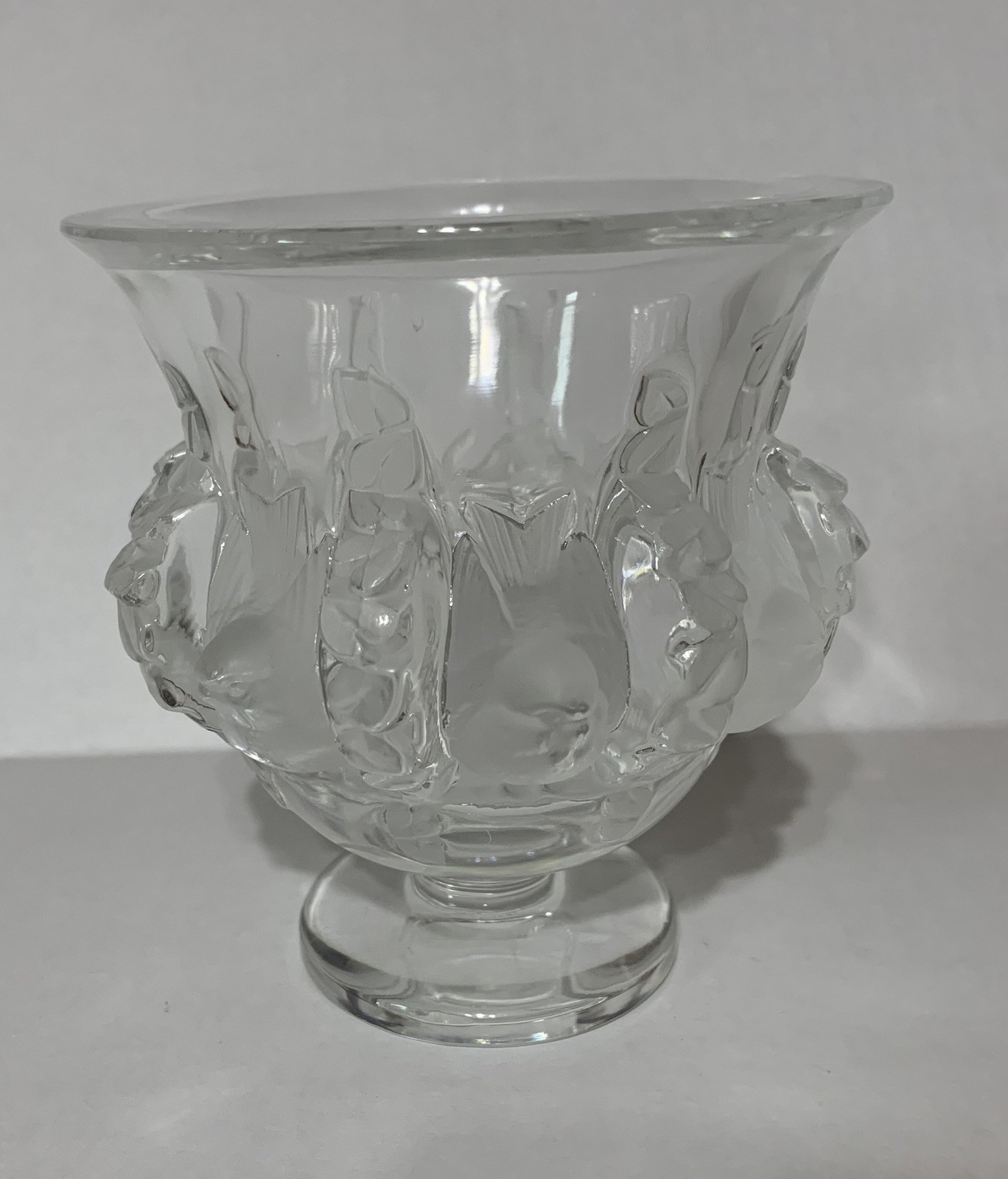 Lalique France Dampierre Crystal Vase Frosted Sparrows Vine Signed 5\