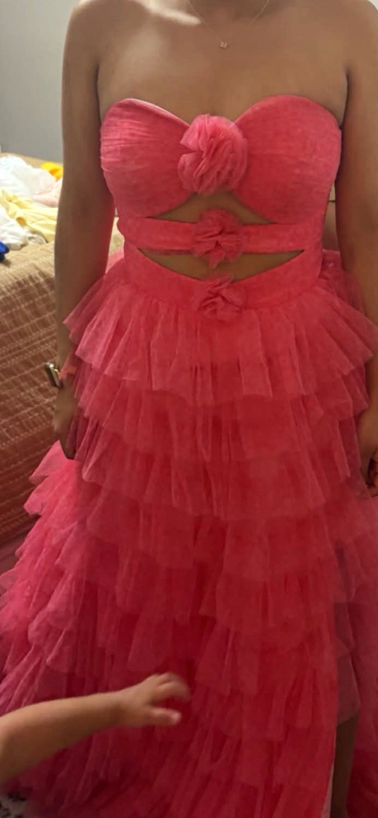 Sherri Hill Pink Strapless Tiered Ruffle Tulle Formal Gown Dress