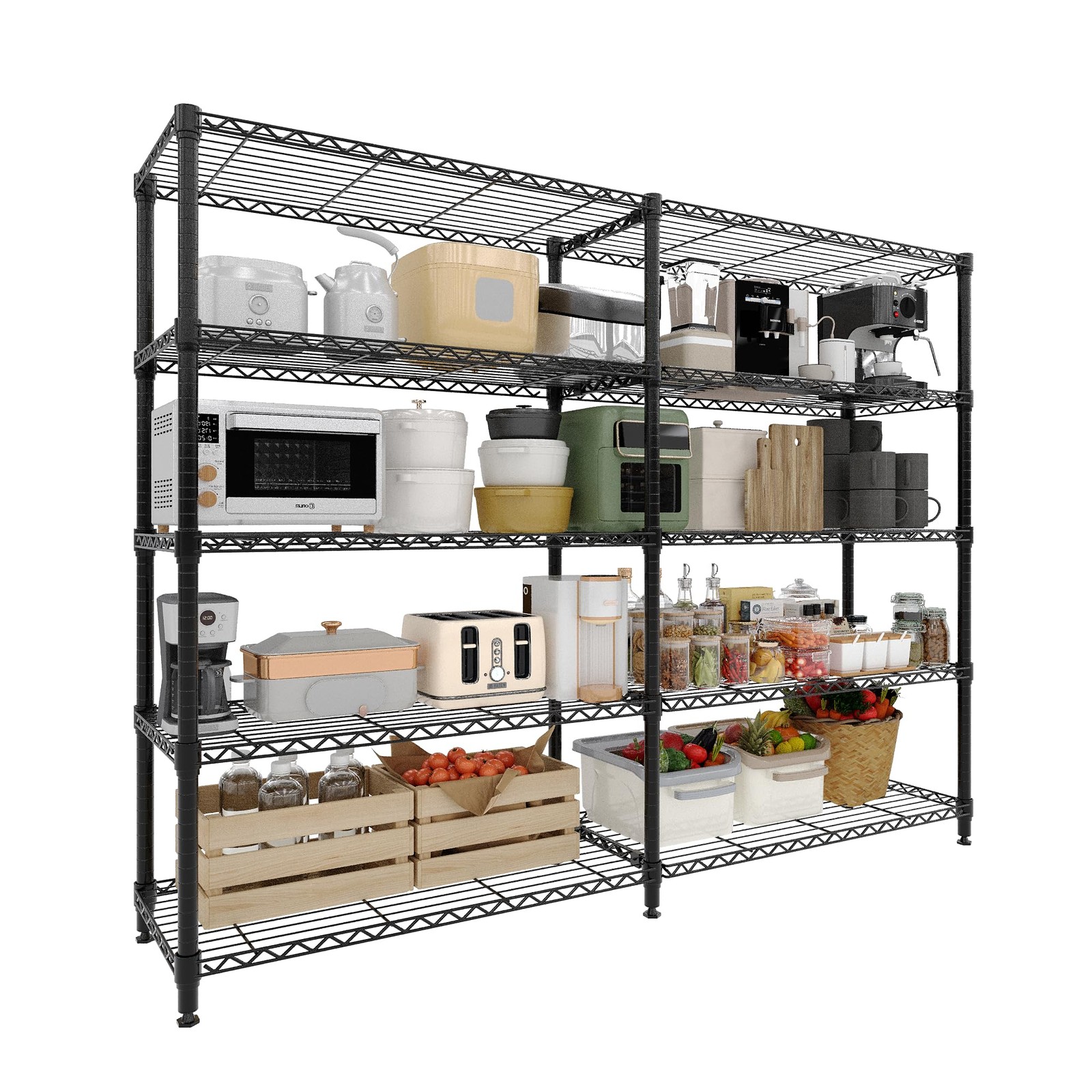 Double Row 5-Tier Carbon Steel Heavy Duty Metal Wire Storage Shelving Unit