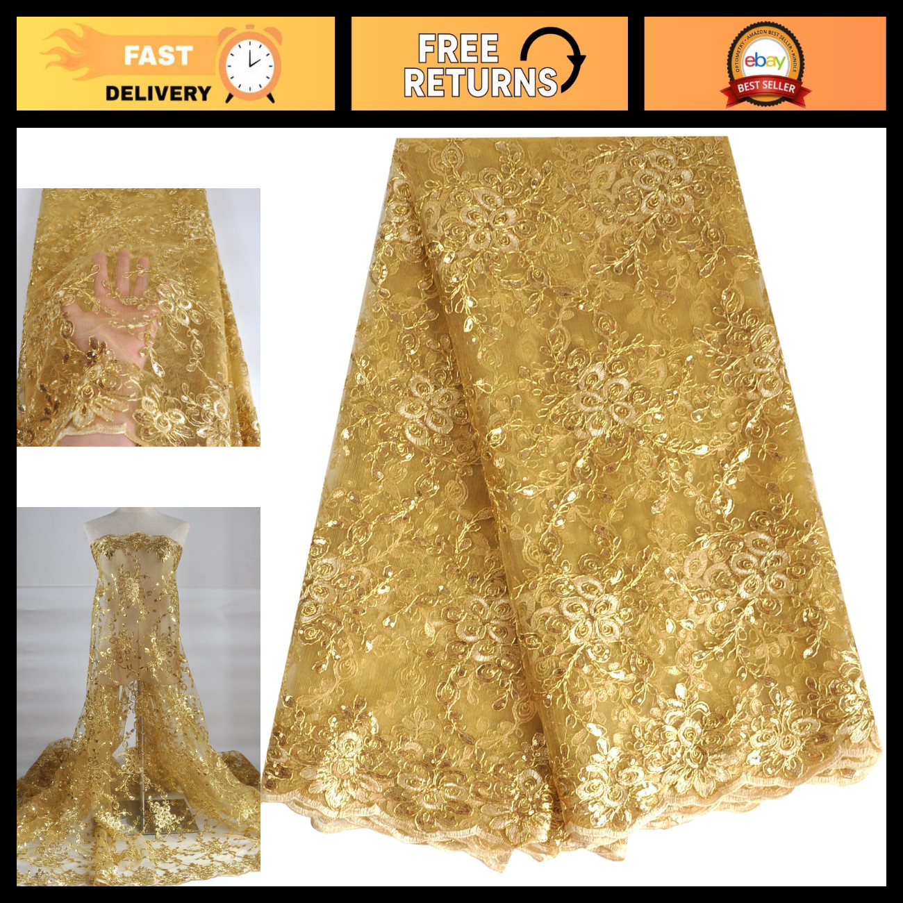 5 Yards African Lace Fabric with Sequins & Rope Embroidery for Party Dresses