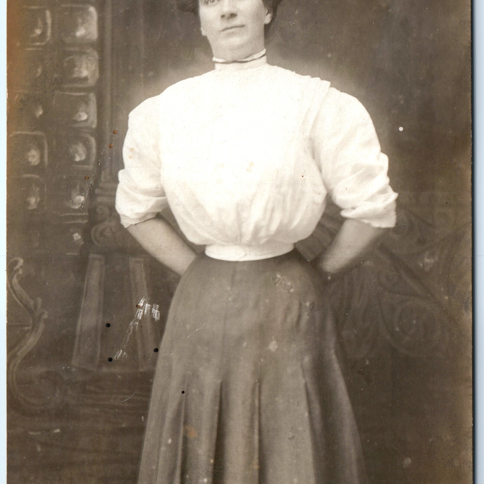c1910s Woman w/ Tiny Corset Waist RPPC Gibson Girl Hair Fashion Antique Postcard