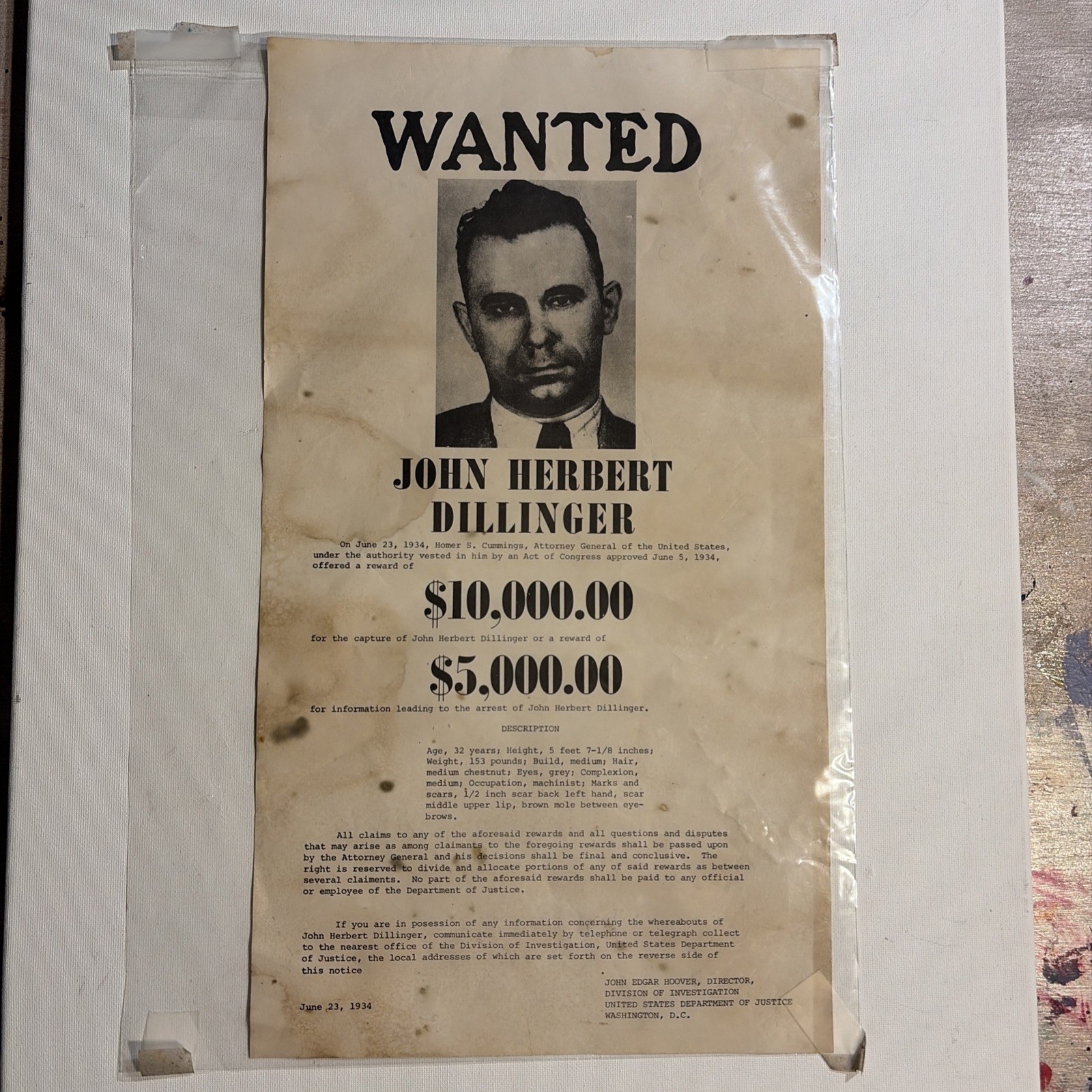 JOHN DILLINGER 1934 FBI WANTED POSTER 9x16 MOB MAFIA GANG BANK ROBBER