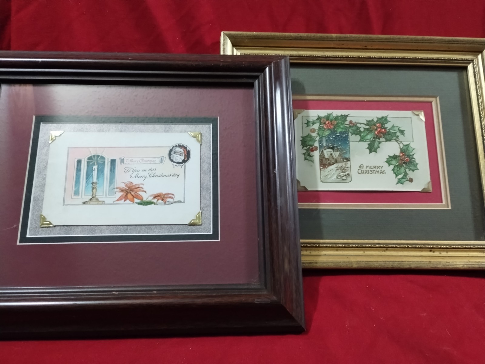 Framed Antique Christmas Prints/Postcards c. 1910 & 1912 Original Holiday Decor