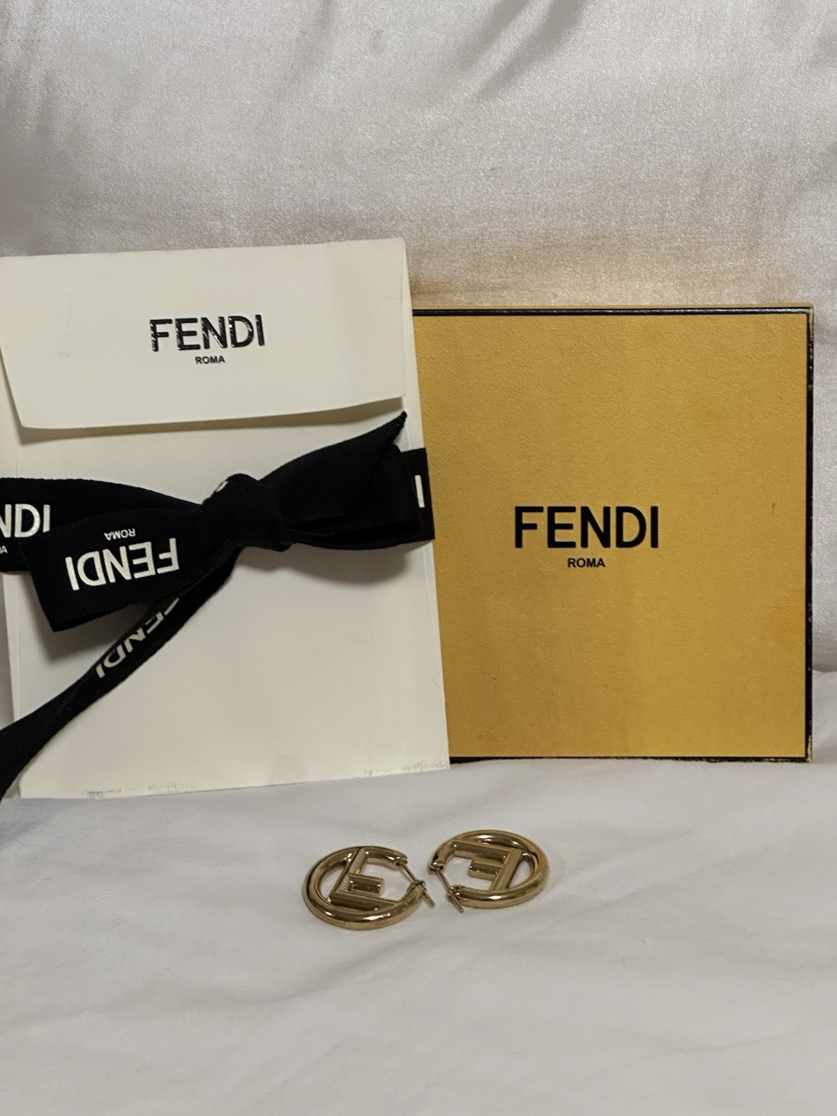Fendi Roma Gold Tone FF Logo Round Hoop Earrings Hinged Hoop Closure