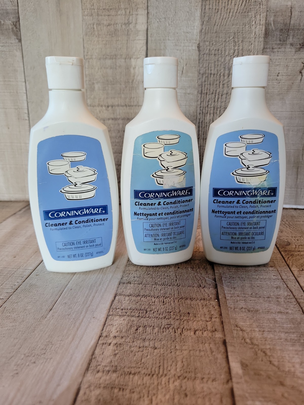 Corningware Cleaner Conditioner Blue Polish Corelle Pyrex 3 Bottles Polish open