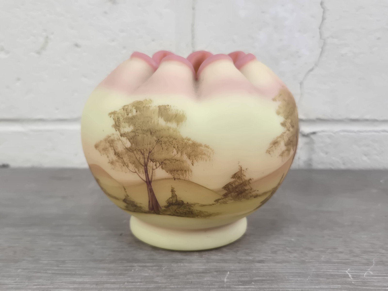 Fenton Burmese UV Glass Rose Bowl Handpainted Yellow Trees Signed Gloria Finn Fenton Burmese UV Glass Rose Bowl Handpainted Yellow Trees Signed Gloria Finn