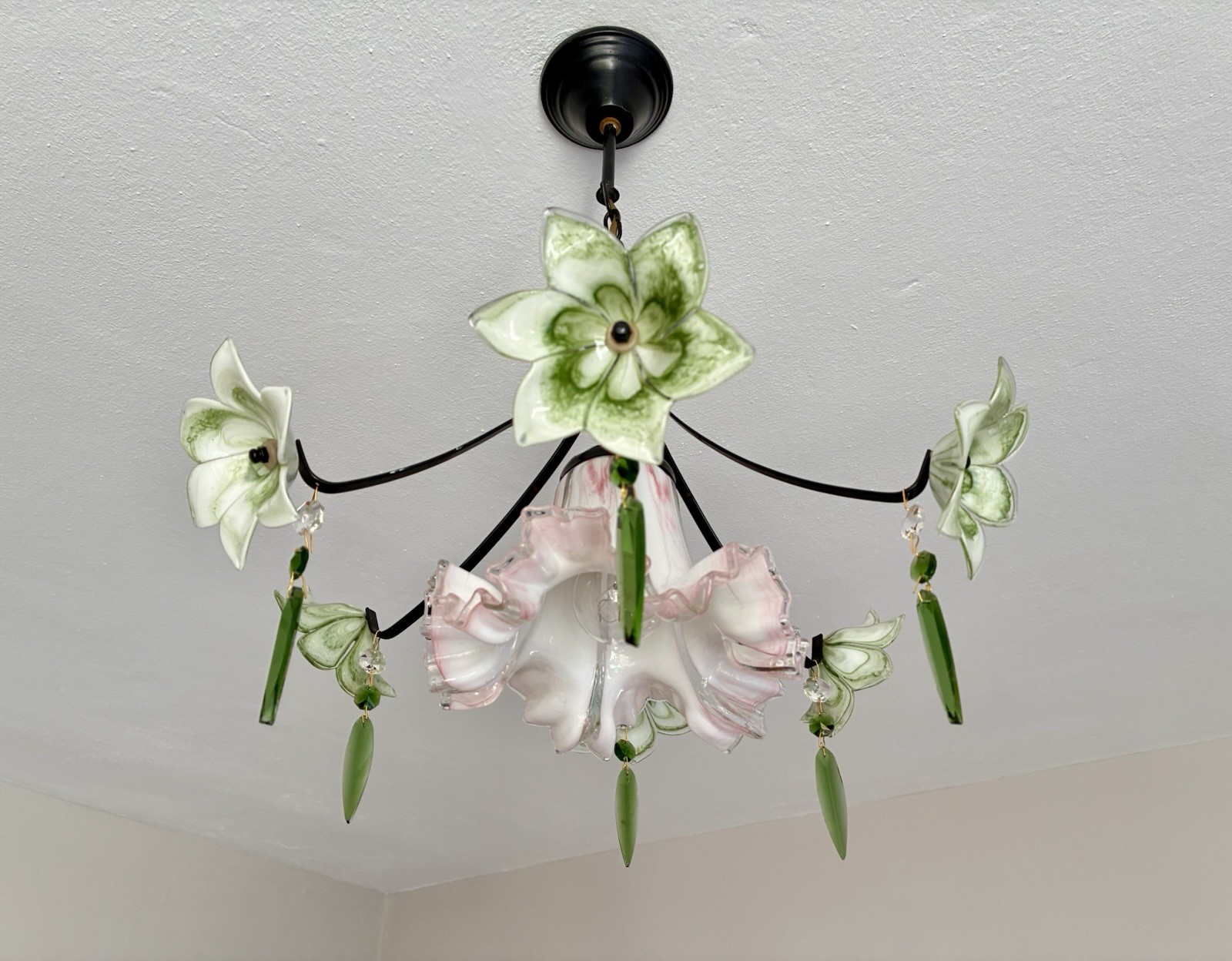 1980s Murano Vintage Chandelier  Daisies  Pink Green Floral Glass Romantic