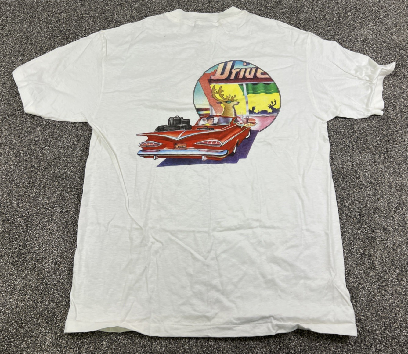 Vintage Hanes Beefy-T Men\'s White Drive Caribou Design Single Stitch Made in USA