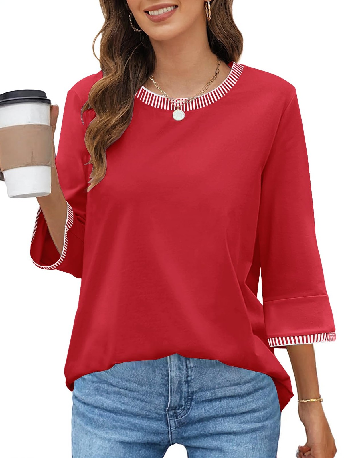 MEROKEETY Women's 3/4 Length Sleeve Crew Neck Blouse Red Medium