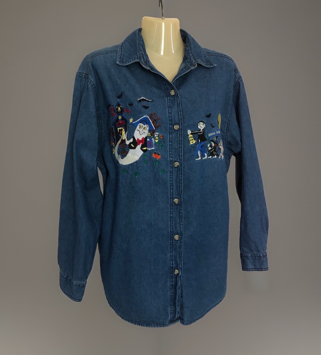 VTG 90s Solutions Embroidered Halloween Denim Shirt Sz Small Ghoul School Ghost