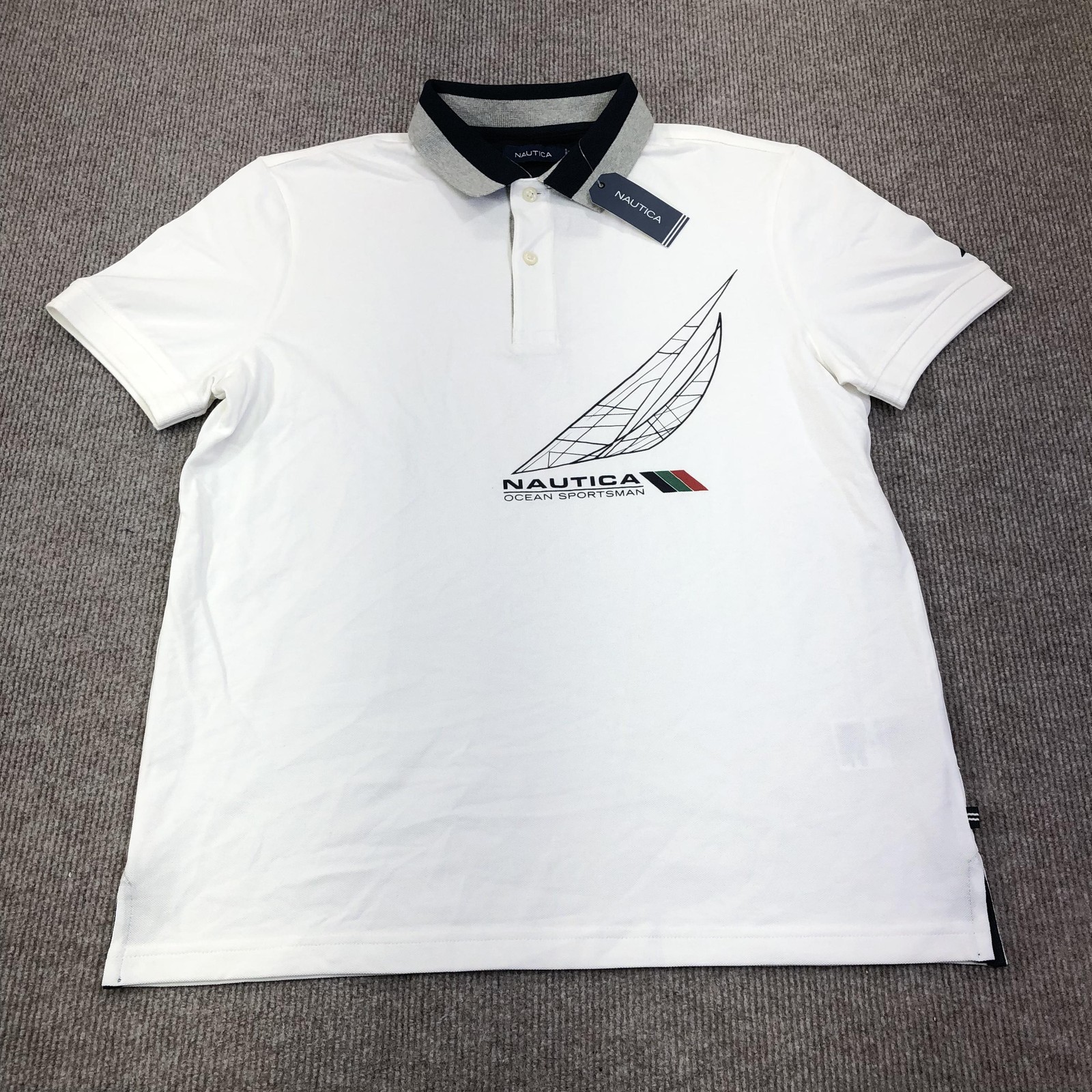 Nautica Polo Shirt Mens Medium White Ocean Sportsman Graphic Print Sailing