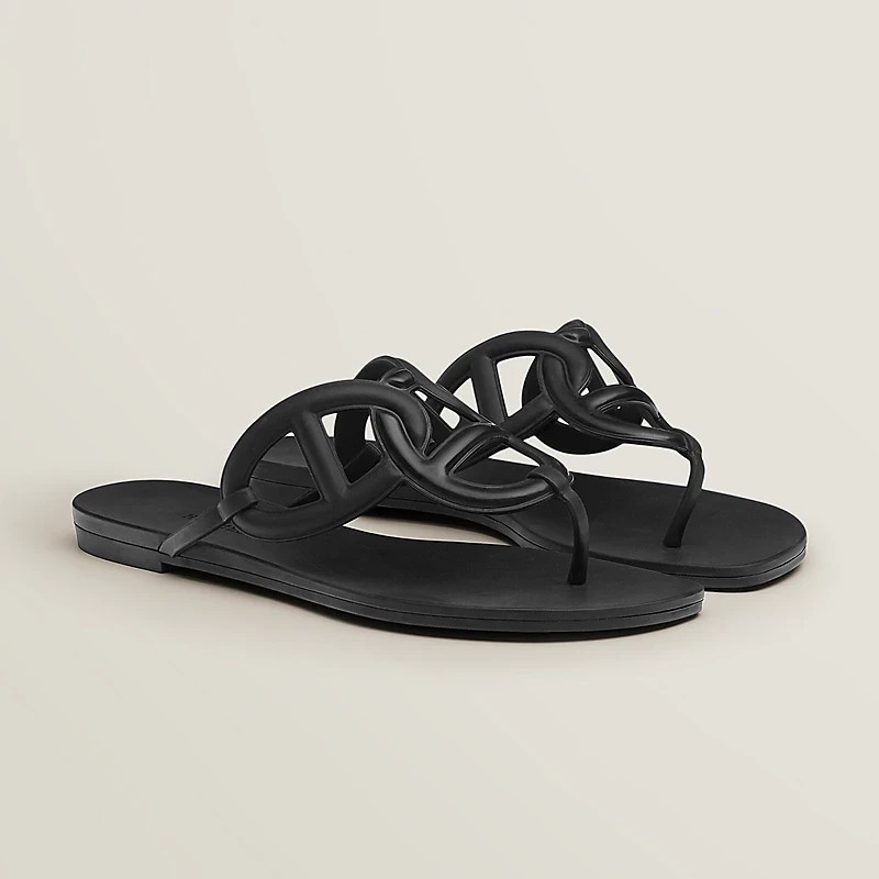 $600 HERMES women\'s Egerie rubber leather thong sandals shoes in black 39 / US 9
