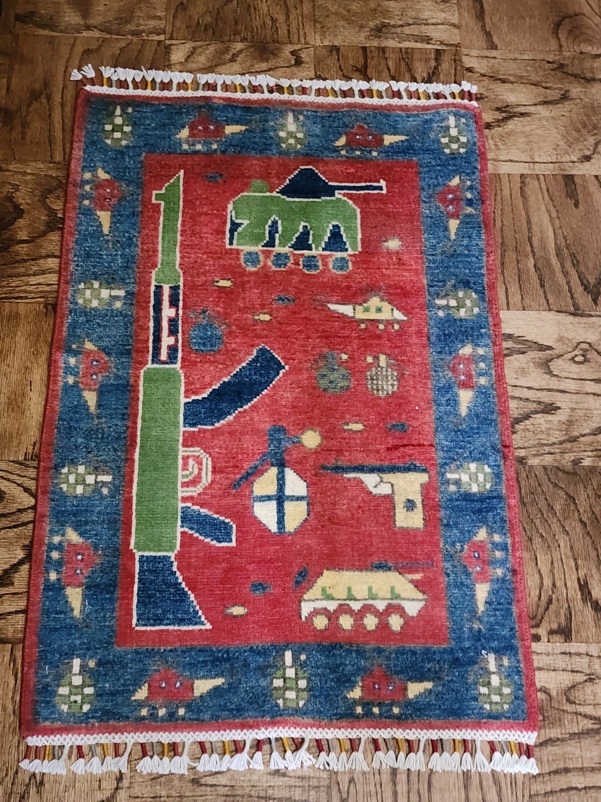 Hand Knotted 2\' X 3\' Afghan War Rug 100% Wool AK Tank Helicopter Afghani Hand Knotted 2\' X 3\' Afghan War Rug 100% Wool AK Tank Helicopter Afghani
