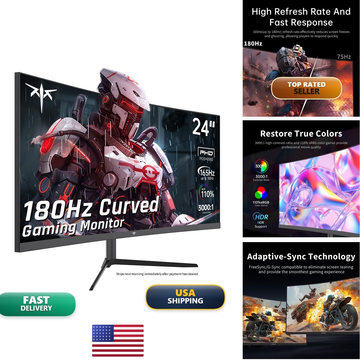 KTC 24 Inch Curved Gaming Monitor 180Hz FHD 1080P Adaptive-Sync