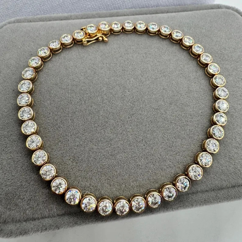 Luxury 7CT Natural Diamond Bezel Set Tennis Bracelet 14K Yellow Gold Round Cut