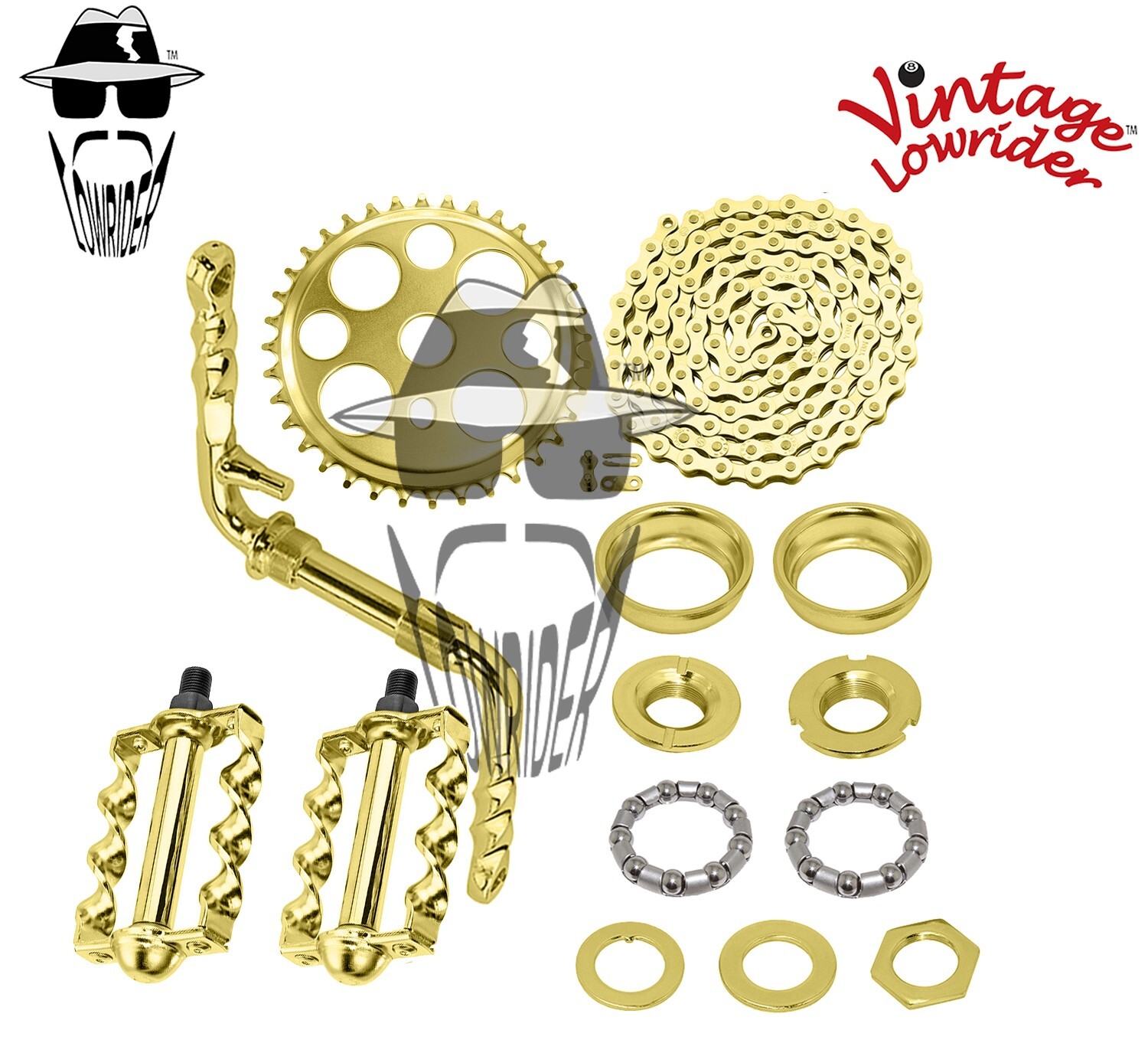 VINTAGE LOWRIDER - Twisted CRANK PKG - Lucky 7 Flat Twisted Pedal Gold