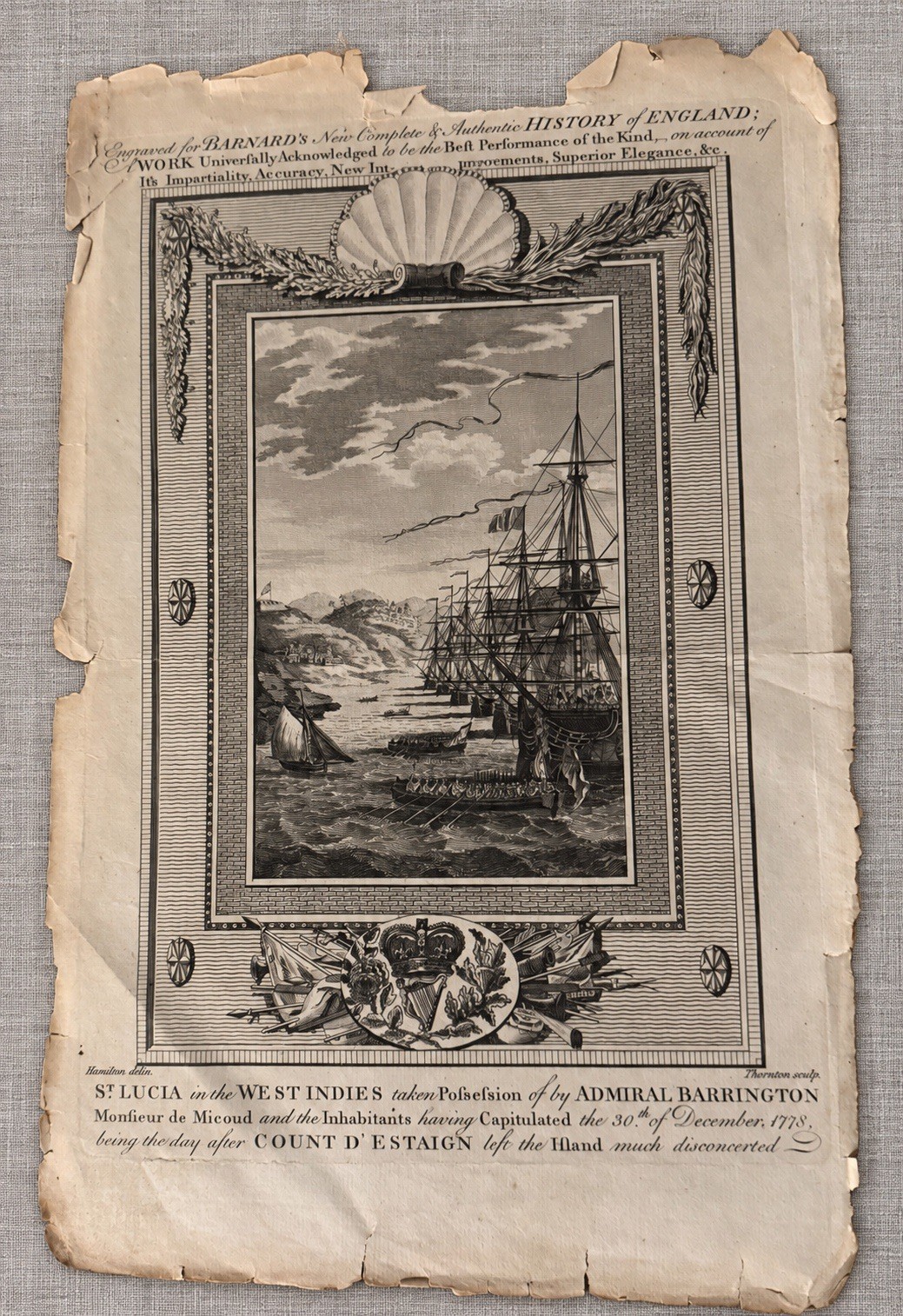 1778 St Lucia West Indies Capture Admiral Barrington Antique Naval Engraving