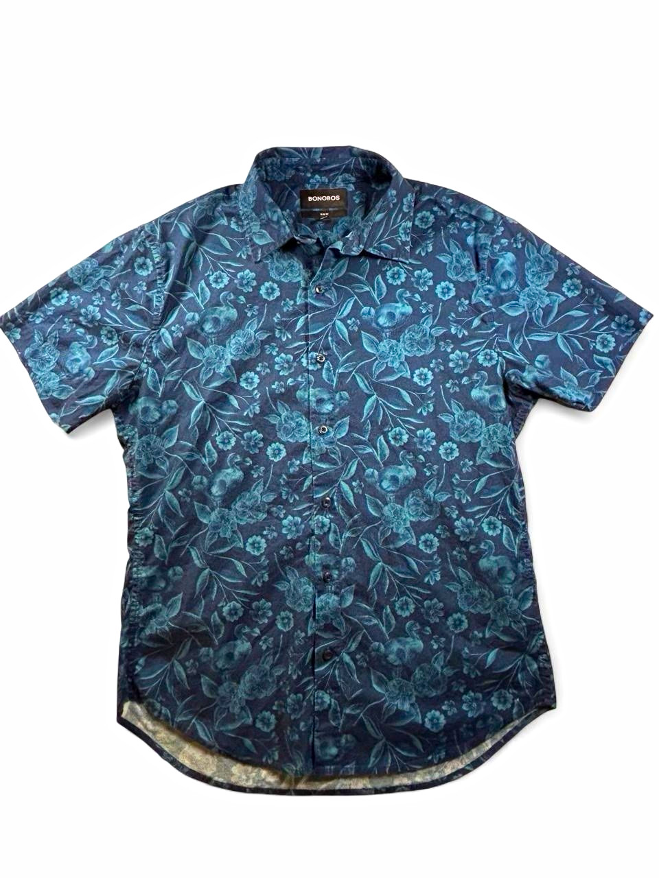 Bonobos Riviera Shirt Mens Medium Slim Fit Navy Floral Dodo Short Sleeve Stretch