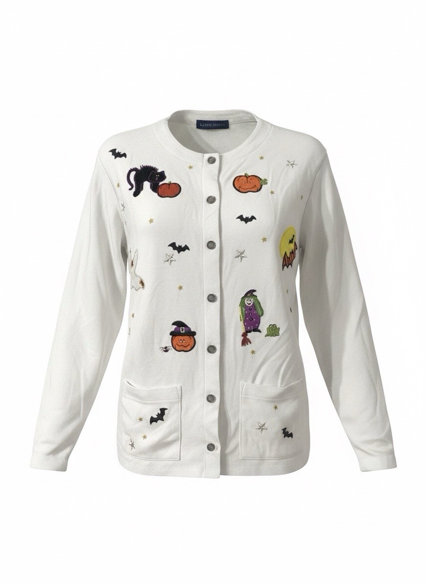 Karen Scott Button Up Shirt Women Sz M White Pumpkin Fall Halloween