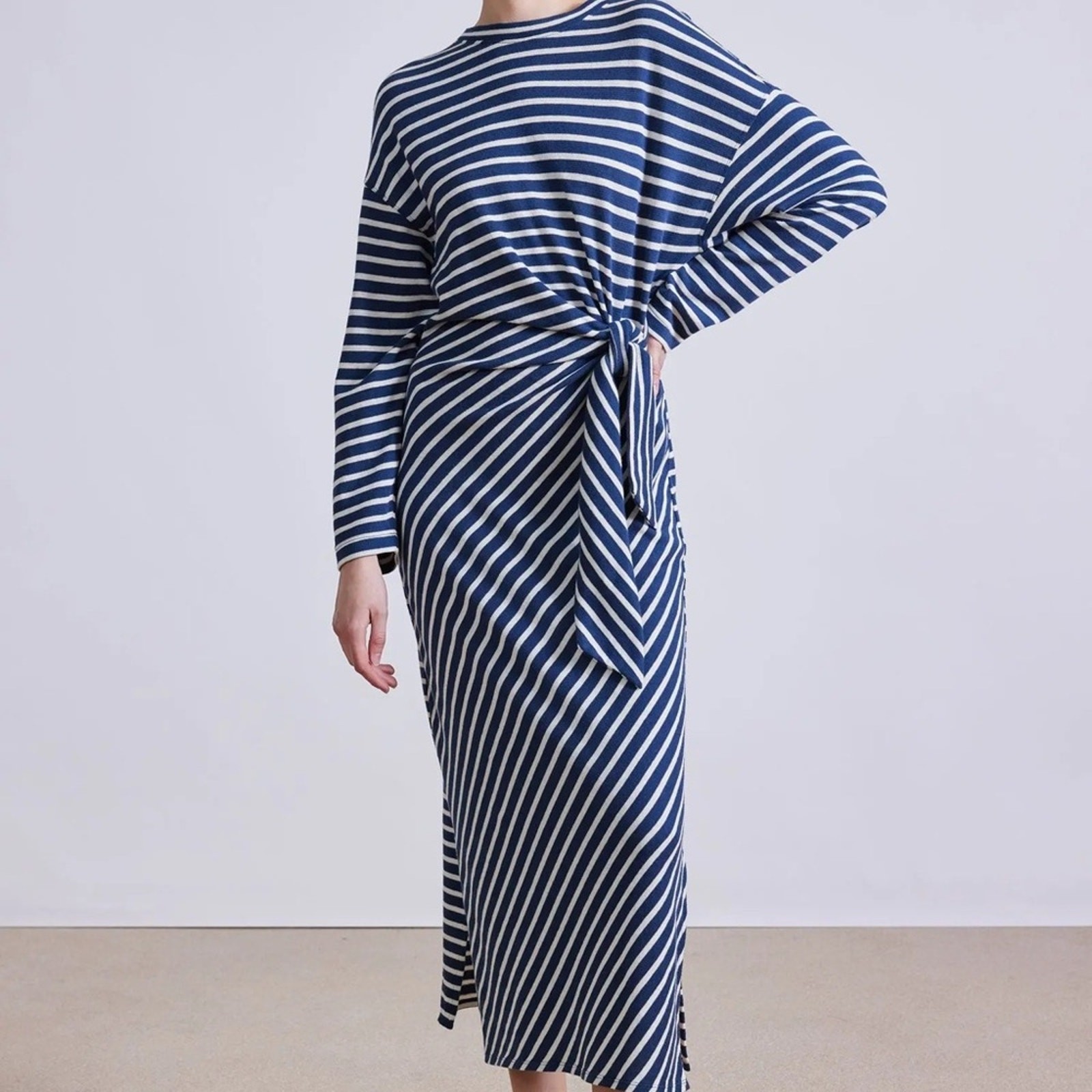 Apiece Apart Vanina Cinched Waist Navy and Cream Striped Midi Dress sz M NWOT Apiece Apart Vanina Cinched Waist Navy and Cream Striped Midi Dress sz M NWOT