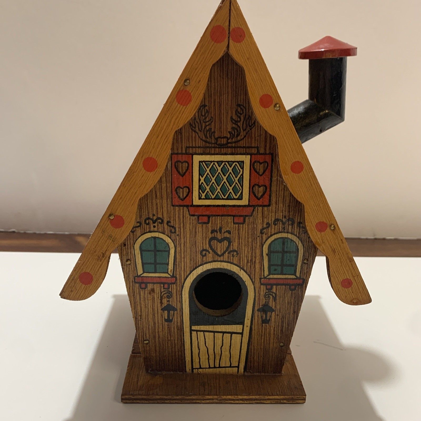 Vtg Kitschy Wood Birdhouse Chalet Cottage Fairy Garden 10” Mcm