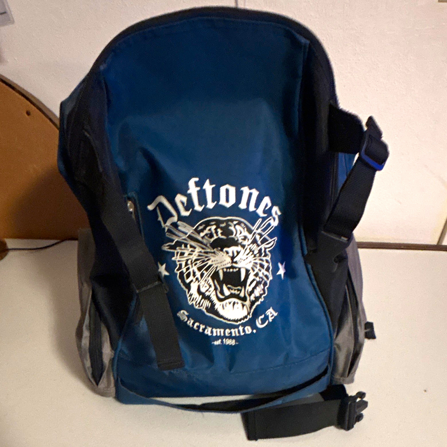 Deftones Sacramento CA Blue/Gray/Black Graphic Tiger Backpack Vintage Y2K