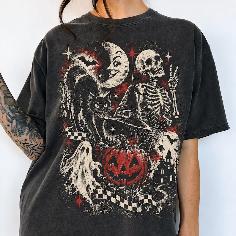 Retro Halloween  Tee, Y2K Vintage Black Cat Ghost Skeleton Tee